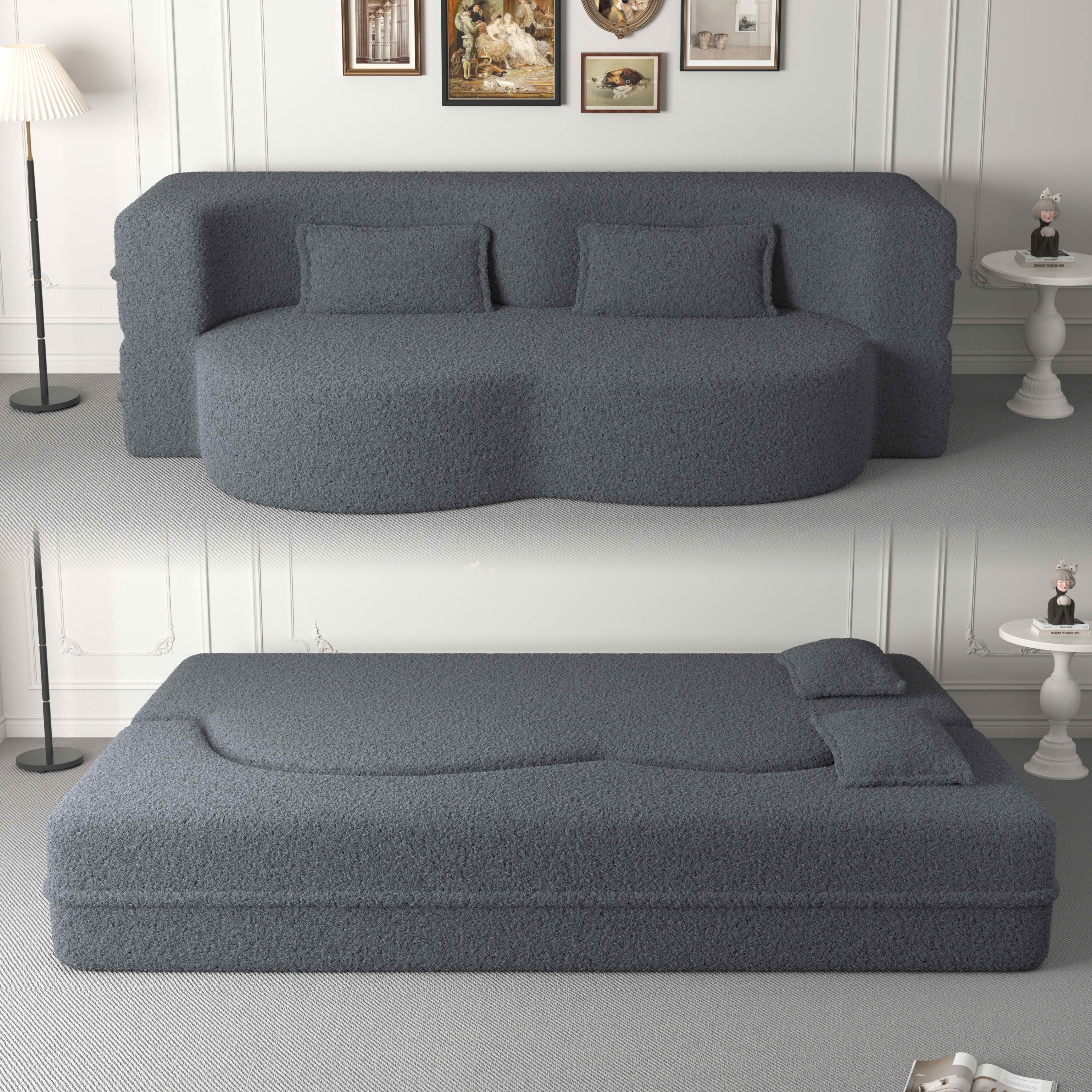MAYEERTY Sherpa Floor Sofa Bed, Full Size Foldable Foam Sleeper Mattress with 2 Pillows, Zero Assembly Space Saving Guest Bed