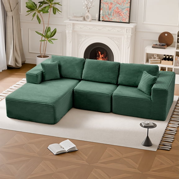 MAYEERTY Modern Corduroy Modular Sectional Sofa - Boneless Couch for Apartment, 104"W x 67"D Green