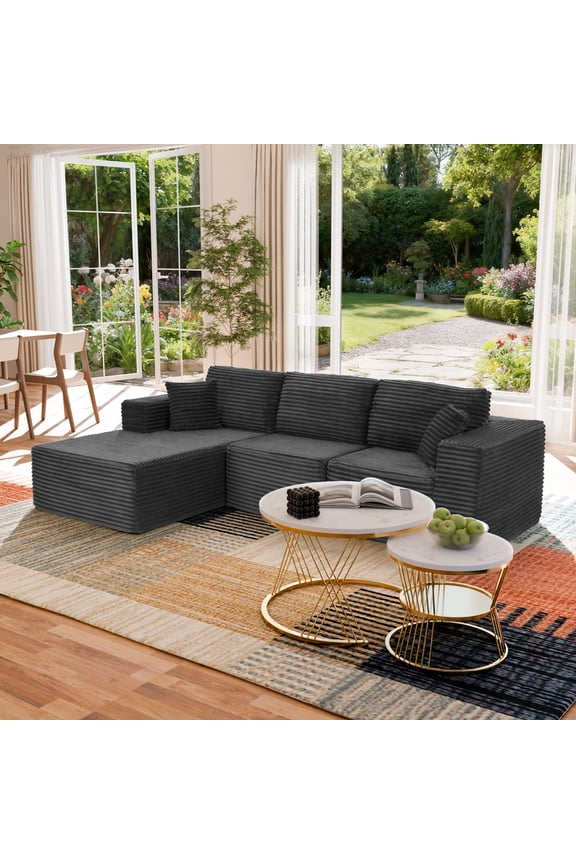 Modern Corduroy Modular Sectional Sofa - Boneless Couch for Apartments & Studios, 104"W x 67"D Gray