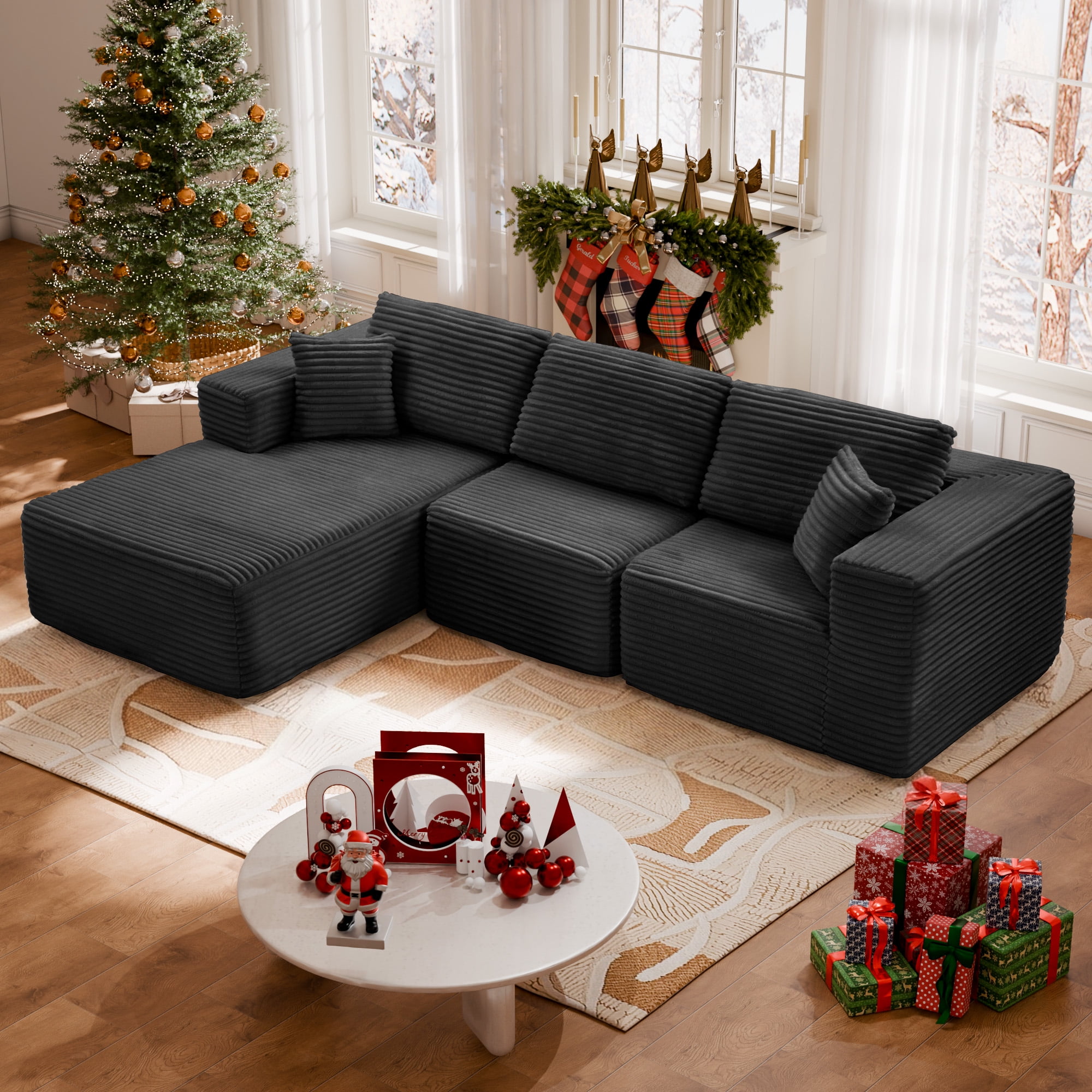 MAYEERTY Modern Corduroy Modular Sectional Sofa - Boneless Couch for Apartments & Studios, 104"W x 67"D Gray