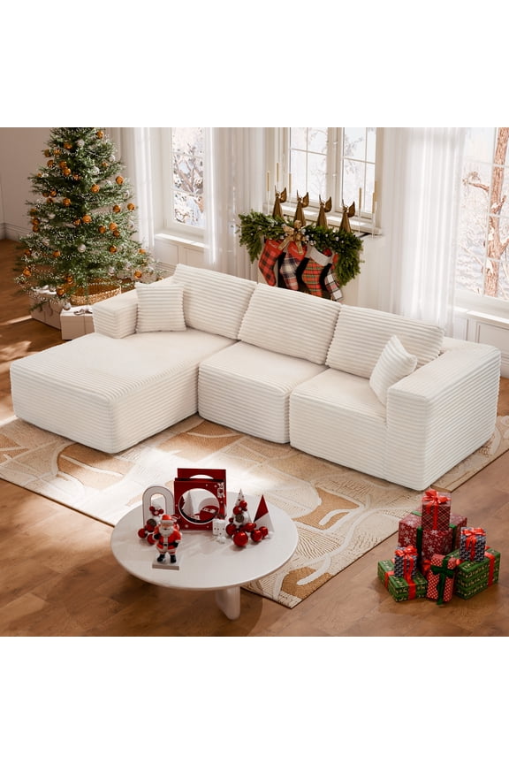Modern Corduroy Modular Sectional Sofa - Boneless Couch for Home, 104"W x 67"D Cream