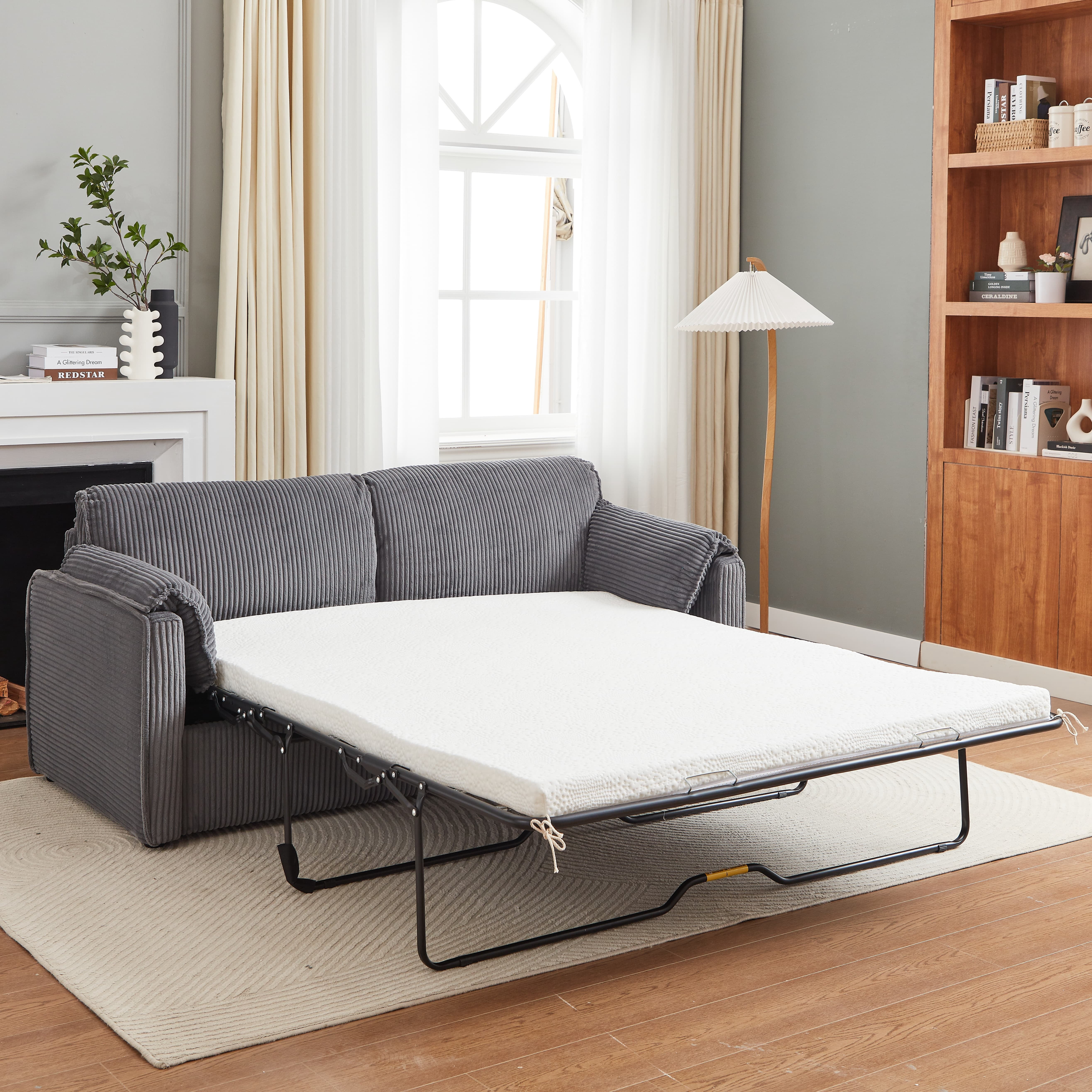 MAYEERTY Modern Corduroy Sleeper Sofa Bed, Pull Out, Multi-Functional Recliner Couch Bed for Living Room, Gray