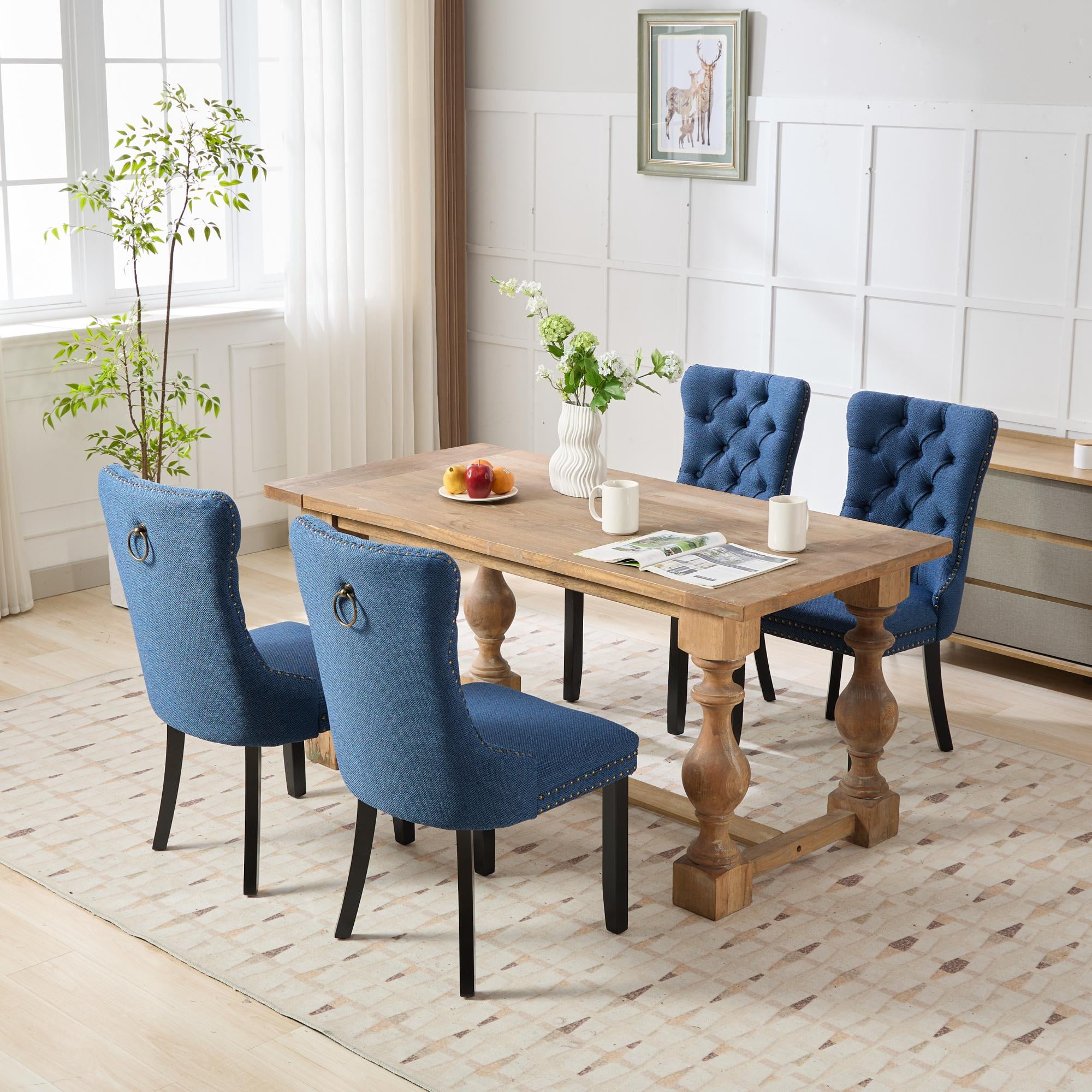 MAYEERTY Modern High-End Tufted Dining Chair - Solid Wood, Flax-Linen Upholstery, Wood Legs, Nailhead Trim, Blue Linen, 2-Pcs Set