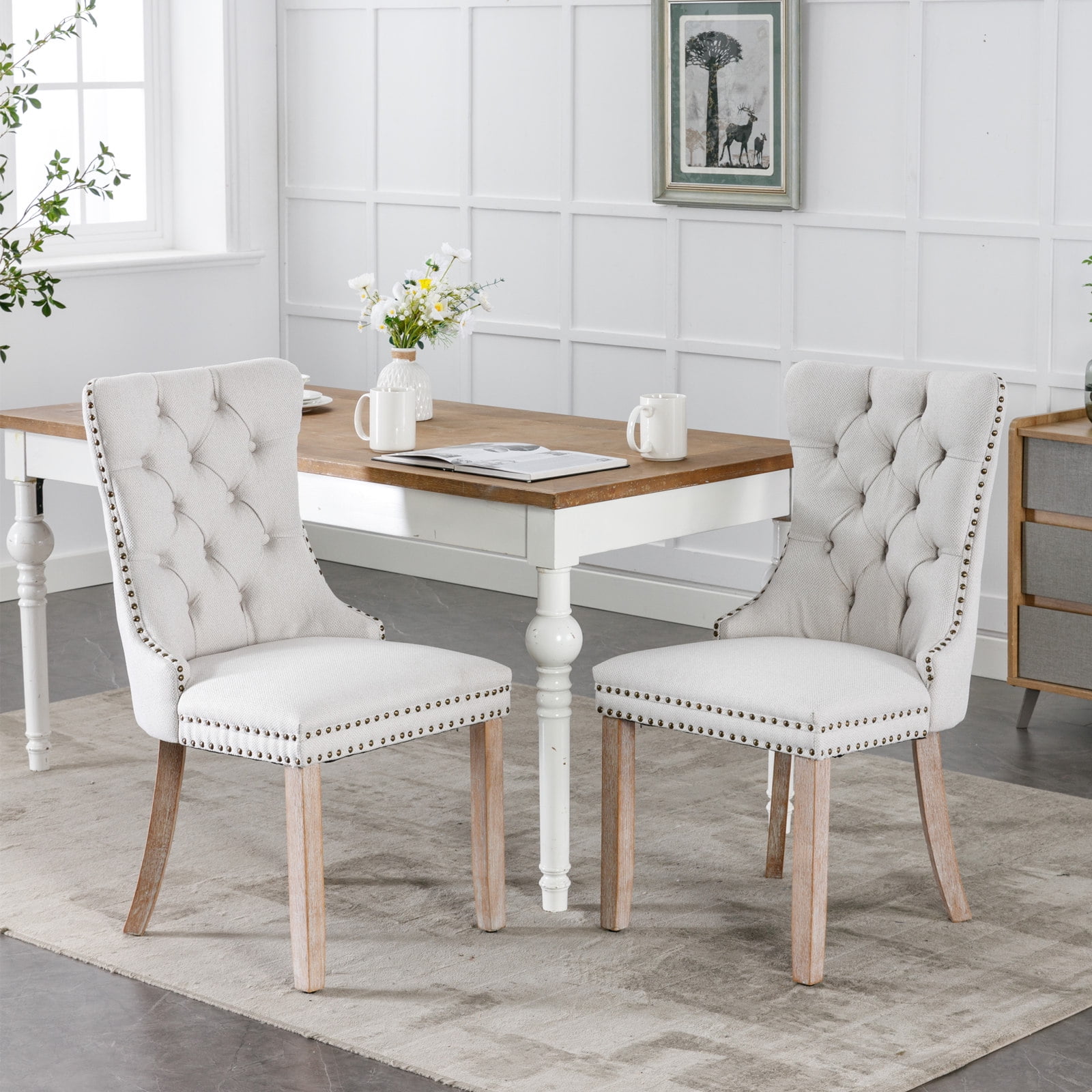 MAYEERTY Modern High-End Tufted Dining Chair - Solid Wood, Flax Upholstery, Wood Legs, Nailhead Trim, Gray, 2-Pcs Set