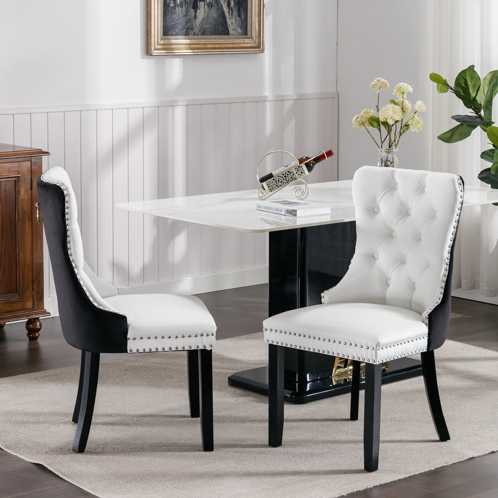 MAYEERTY Modern High-End Tufted Dining Chair - Solid Wood, PU & Velvet Upholstery, Wood Legs, Nailhead Trim, White+Black, 2-Pcs Set