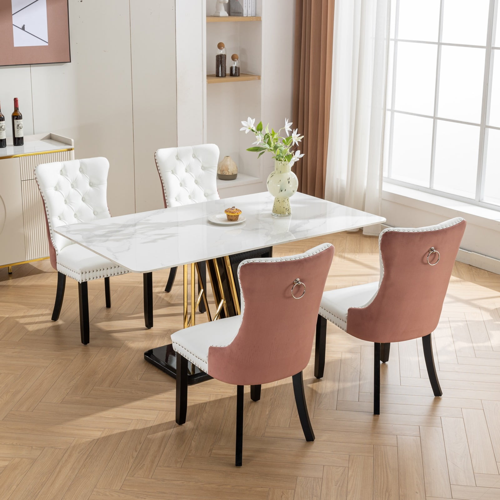 MAYEERTY Modern High-End Tufted Dining Chair - Solid Wood, PU & Velvet Upholstery, Wood Legs, Nailhead Trim, White PU+Pink Velvet, 2-Pcs Set