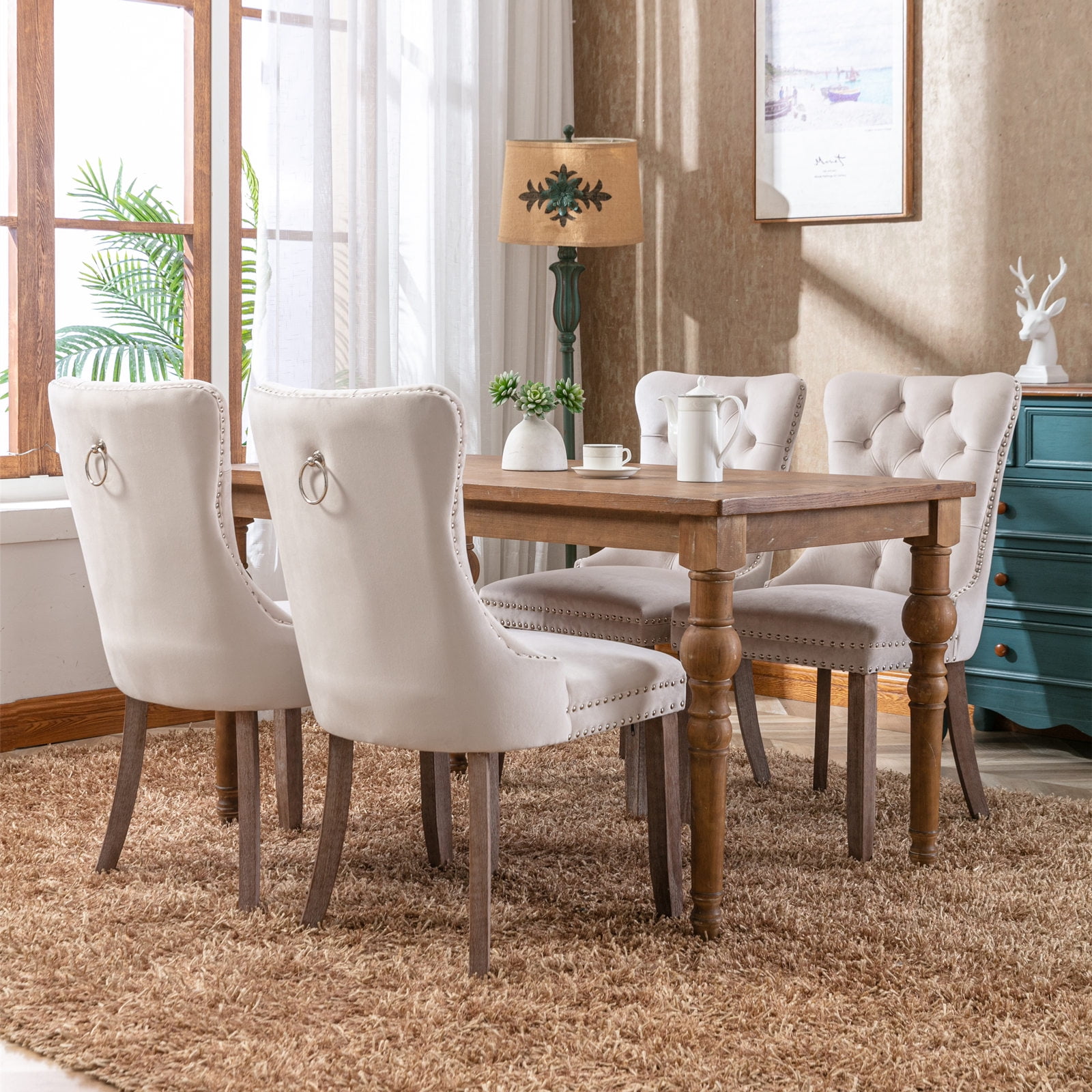 MAYEERTY Modern High-End Tufted Dining Chair - Solid Wood, Velvet Upholstery, Wood Legs, Nailhead Trim, Beige, 2-Pcs Set