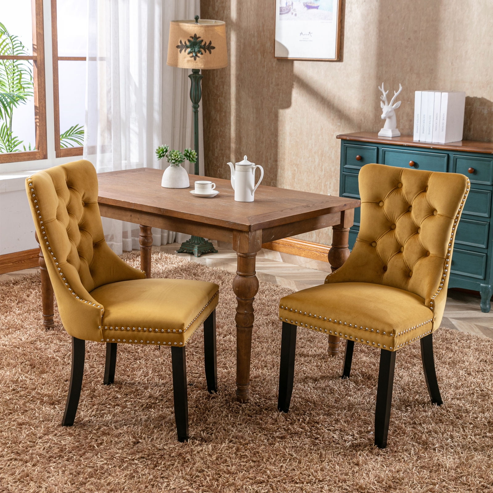 MAYEERTY Modern High-End Tufted Dining Chair - Solid Wood, Velvet Upholstery, Wood Legs, Nailhead Trim, Gold, 2-Pcs Set