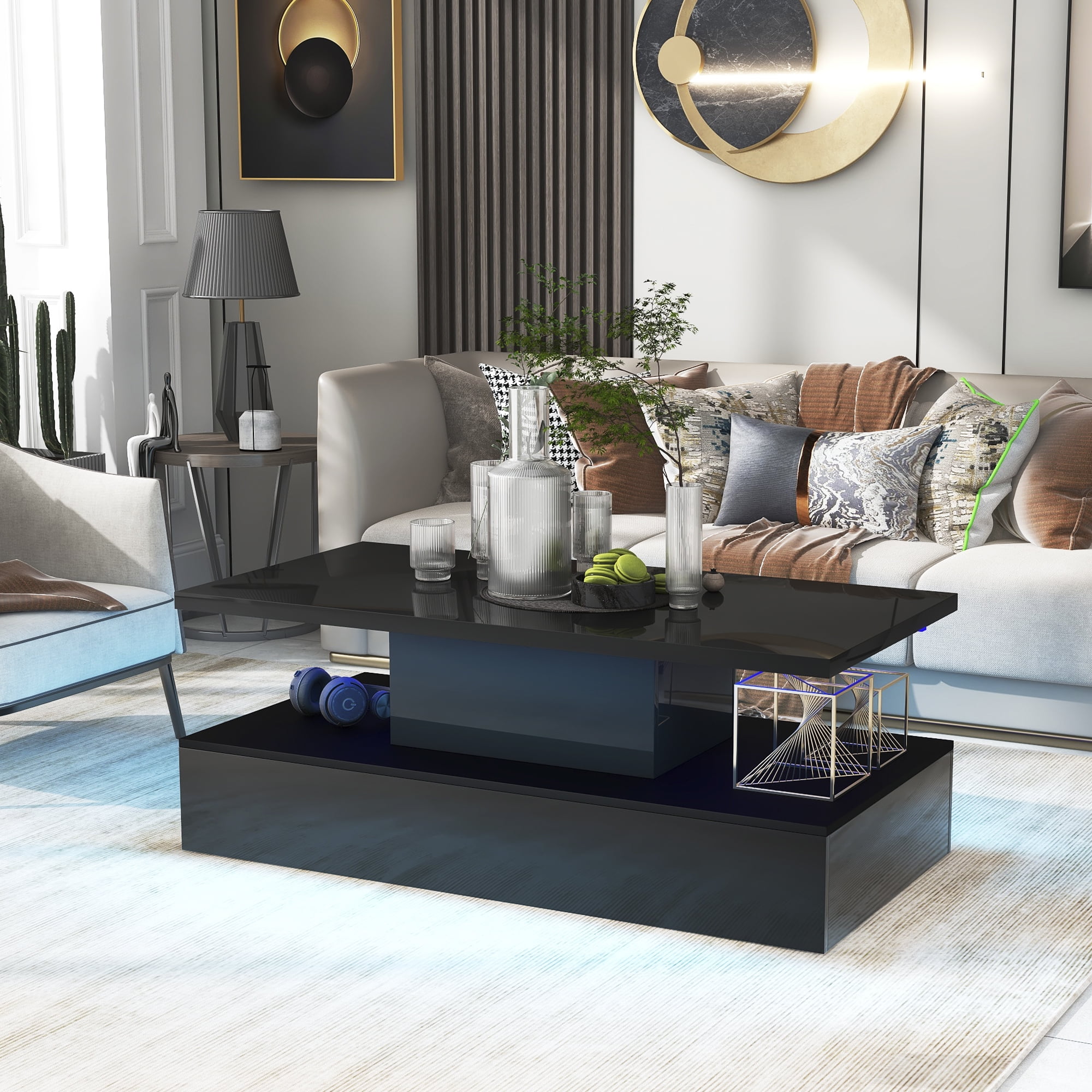 MAYEERTY Modern Industrial Coffee Table with LED Lighting, 16-Color Options & Remote Control, Cocktail Table for Living Room, Black