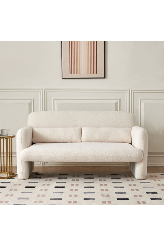 Modern Lamb Fabric Loveseat Sofa Solid Wood Frame Toss Pillow Included