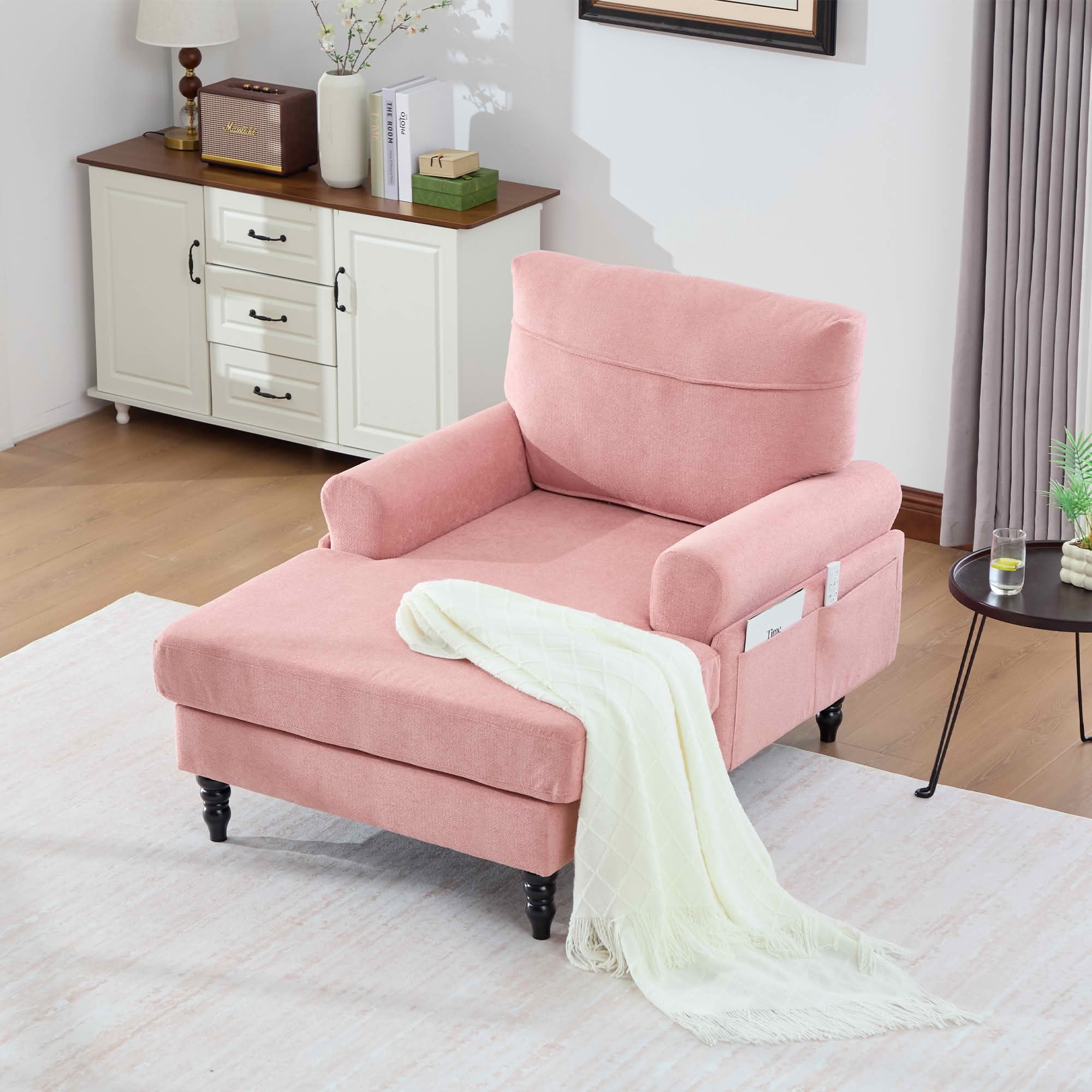 MAYEERTY Modern Minimalist Chenille Chaise Lounge with Armrests & Side Storage Pockets, Wide Seat Single Recliner Sofa with Solid Wood Legs for Living Room Bedroom Office