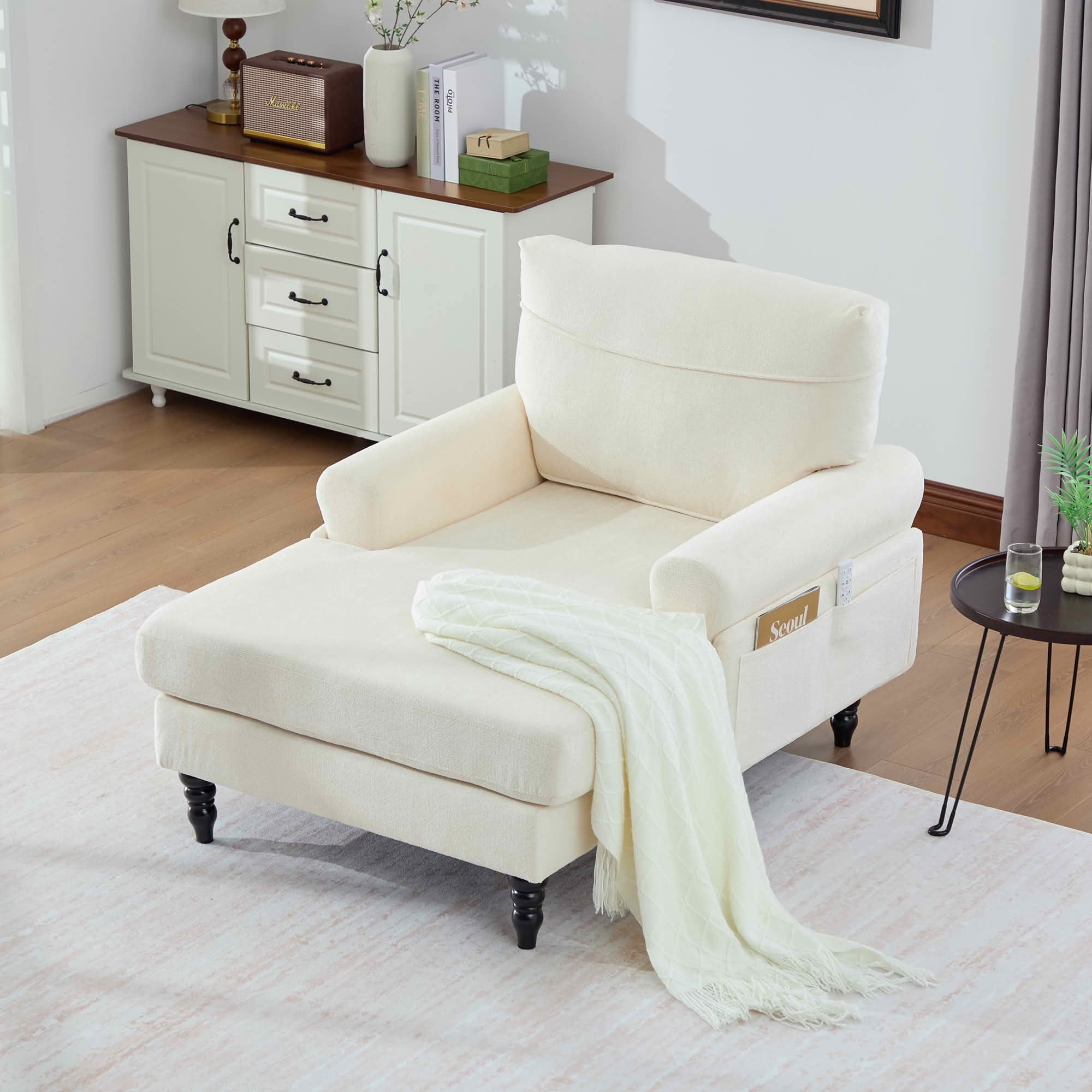 MAYEERTY Modern Minimalist Chenille Chaise Lounge with Armrests & Side Storage Pockets, Wide Seat Single Recliner Sofa with Solid Wood Legs for Living Room Bedroom Office