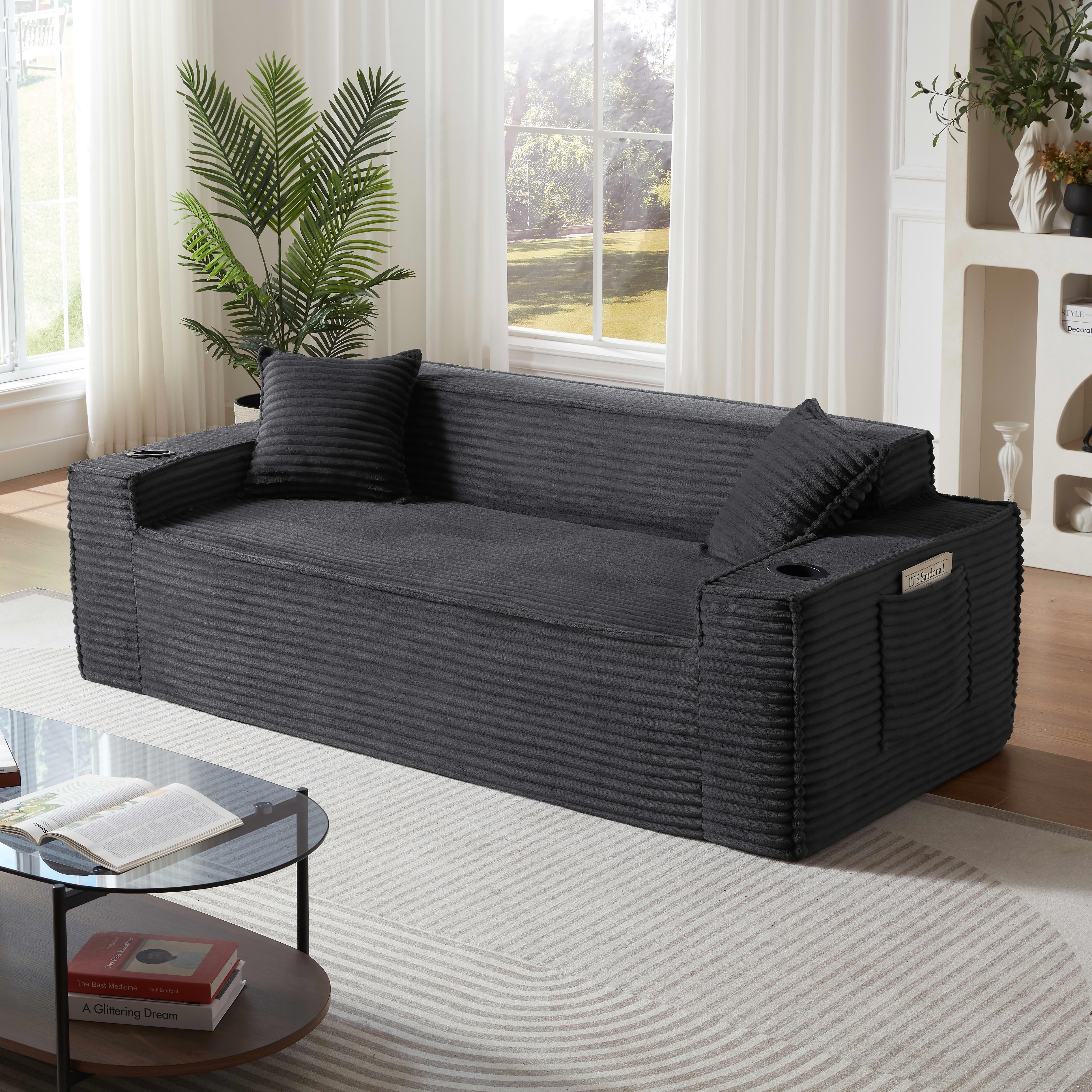 MAYEERTY Modern Minimalist Corduroy Couch with Side Pockets & Cup Holders, Space-saving for Apartments/Offices, Gray