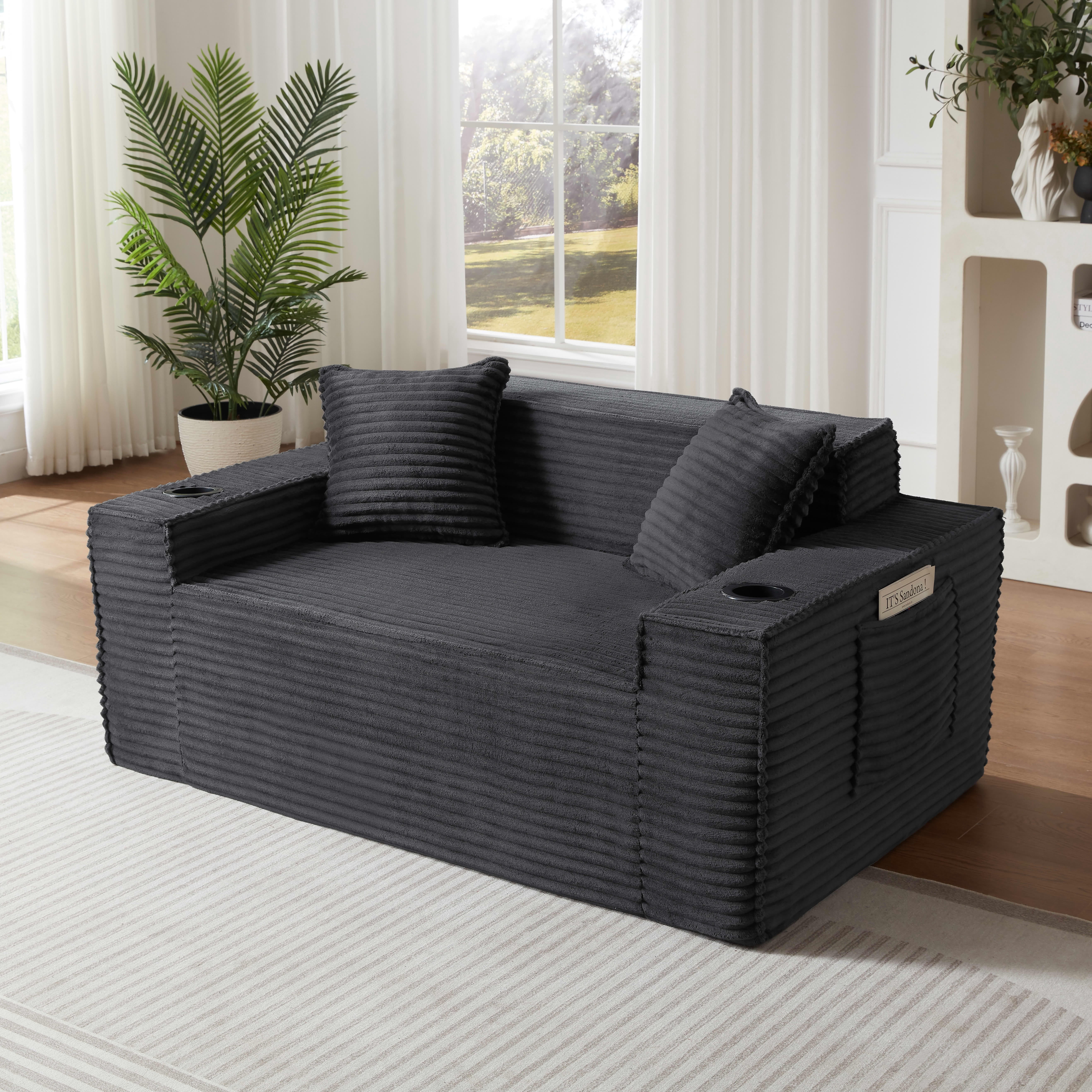 MAYEERTY Modern Minimalist Corduroy Couch with Side Pockets & Cup Holders, Space-saving for Apartments/Offices, Gray