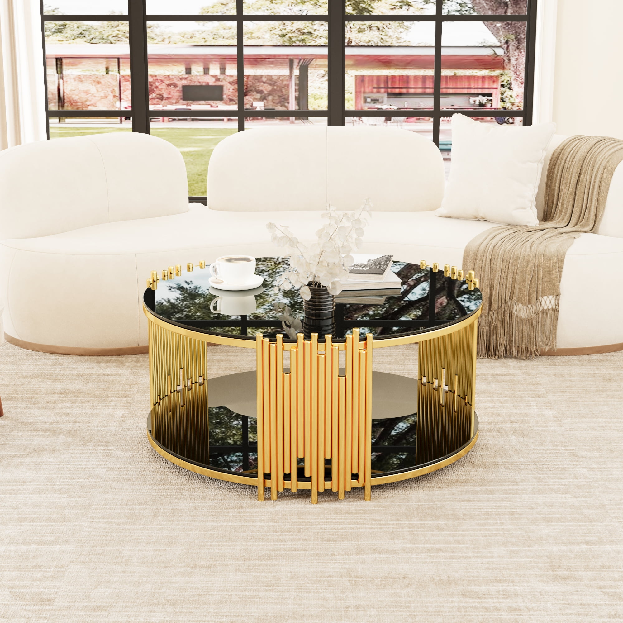 MAYEERTY Modern Minimalist Light Luxury Stainless Steel Circular Coffee Table – Black Tempered Glass Top, Living Room Table