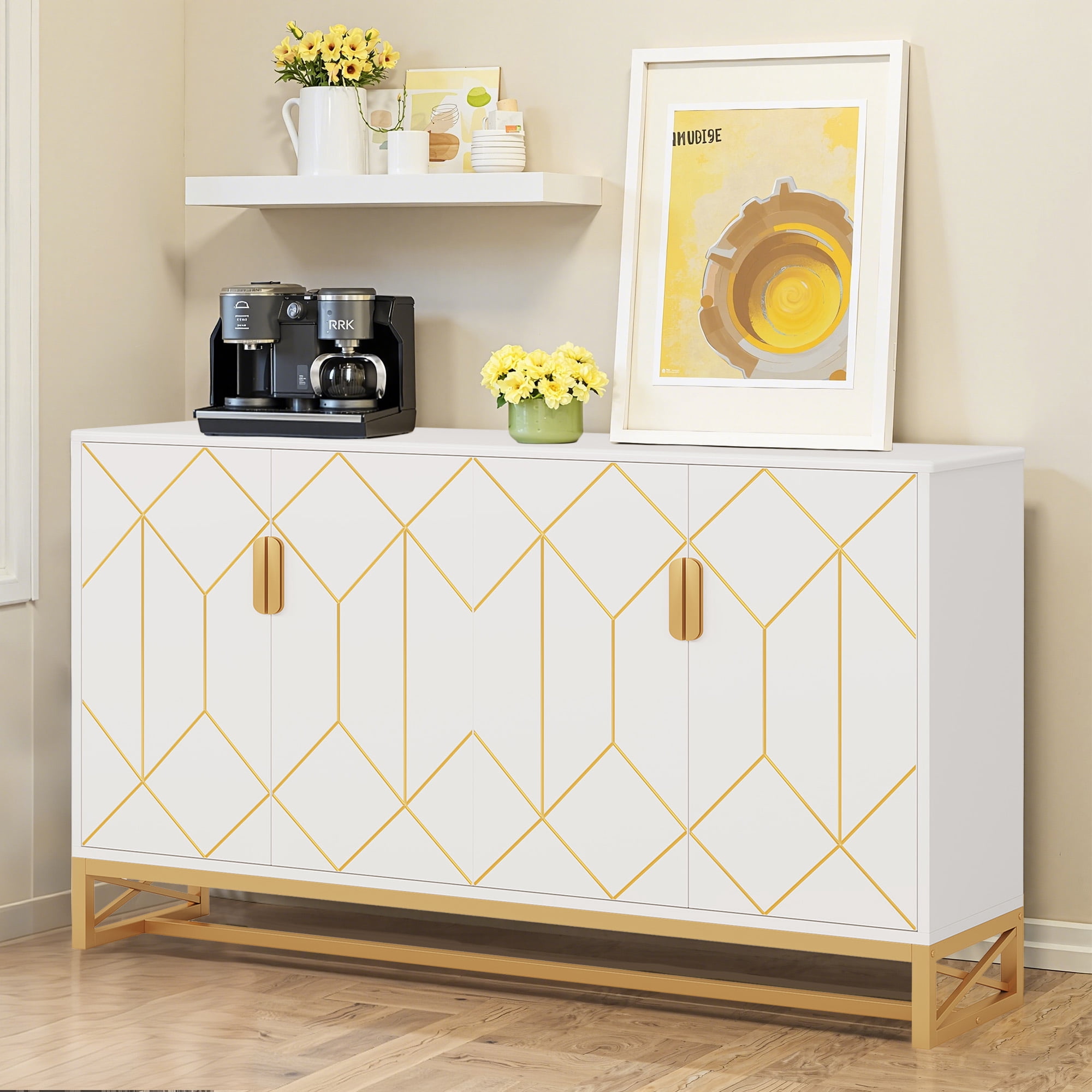 MAYEERTY Luxurious White & Gold Buffet Cabinet Modern Contemporary Stylish Design