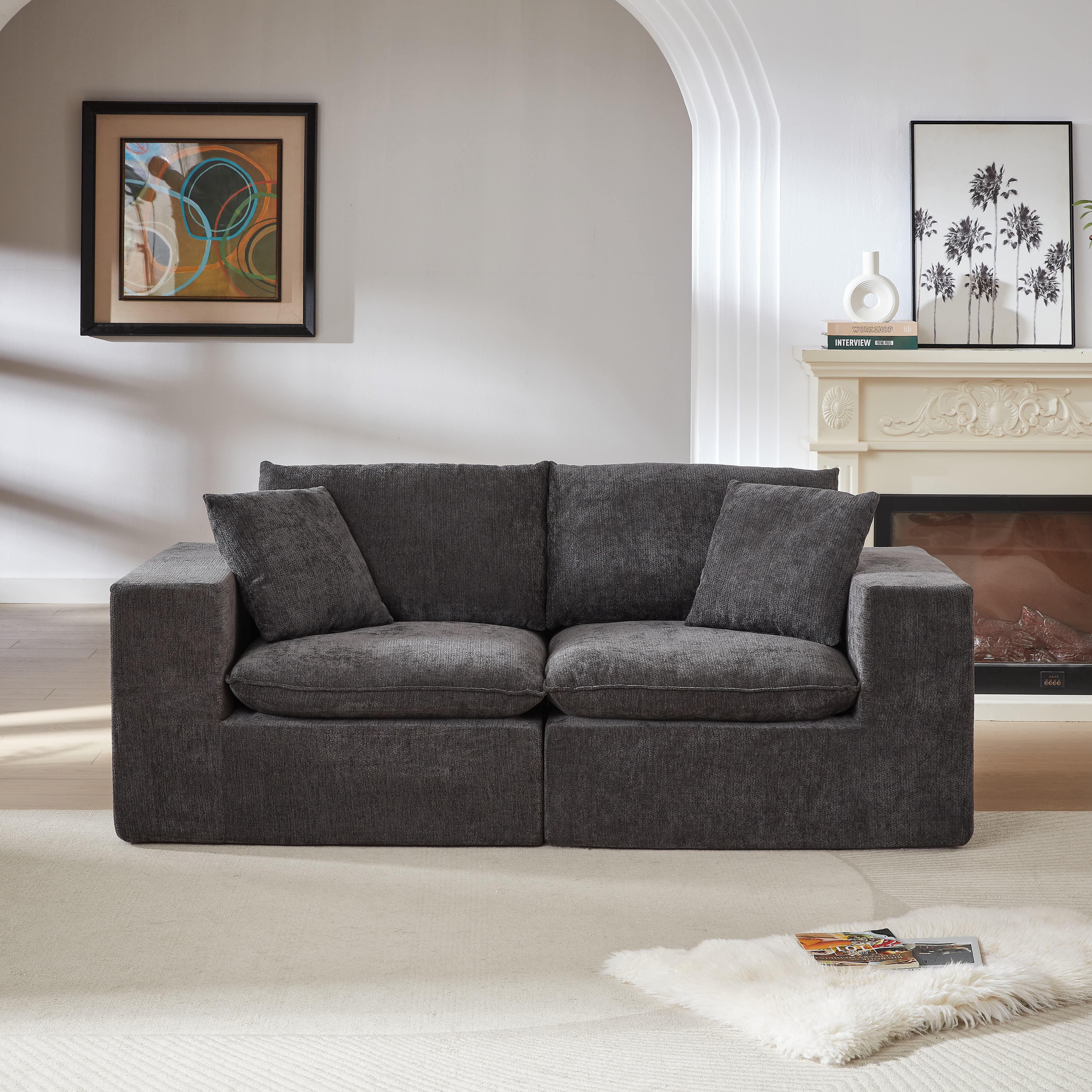 MAYEERTY Modern Modular Chenille Loveseat, Dark Gray Cloud-Soft Sectional Couch for Living Room