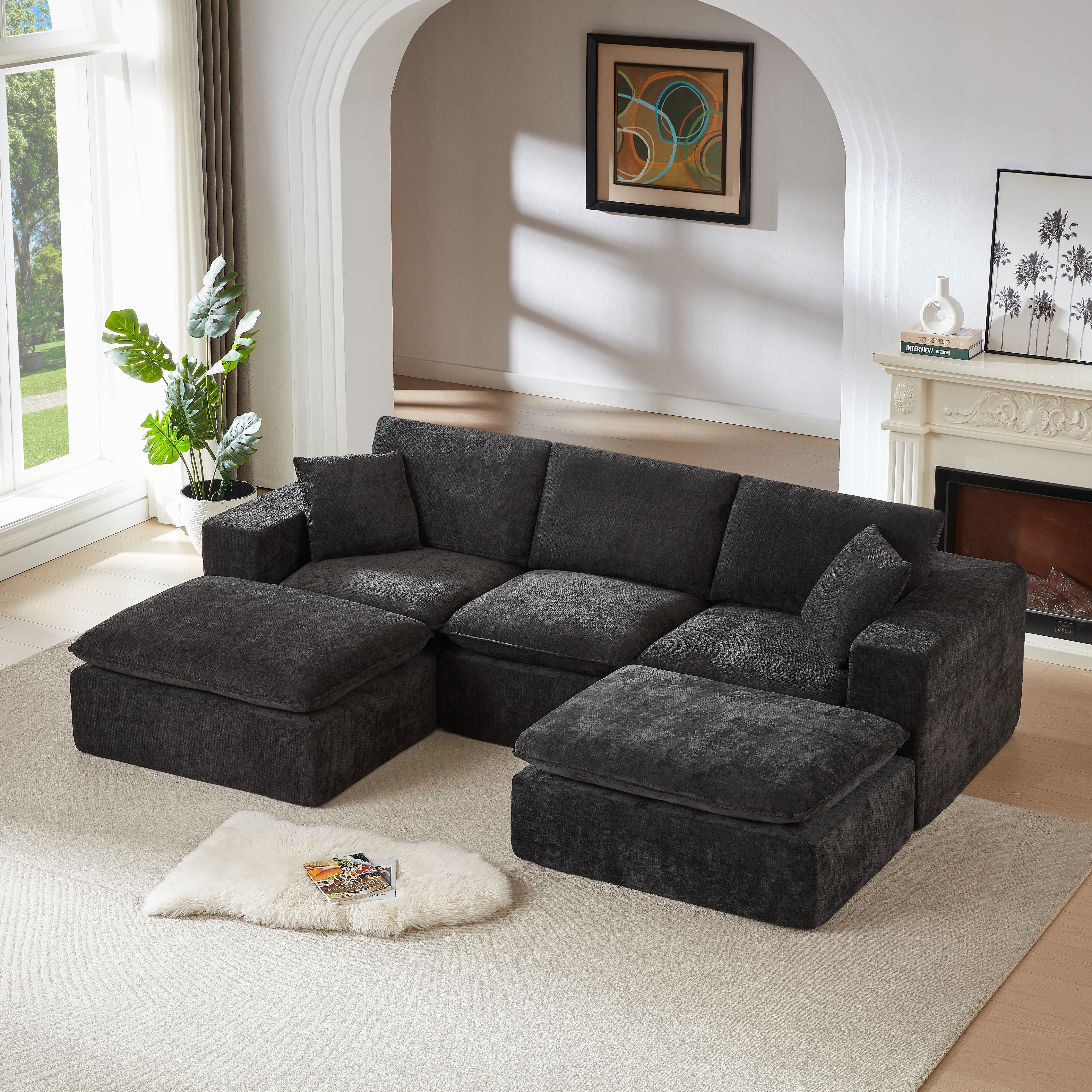 MAYEERTY Modern Modular Chenille Sofa, Black Cloud-Soft Sectional Couch for Living Room