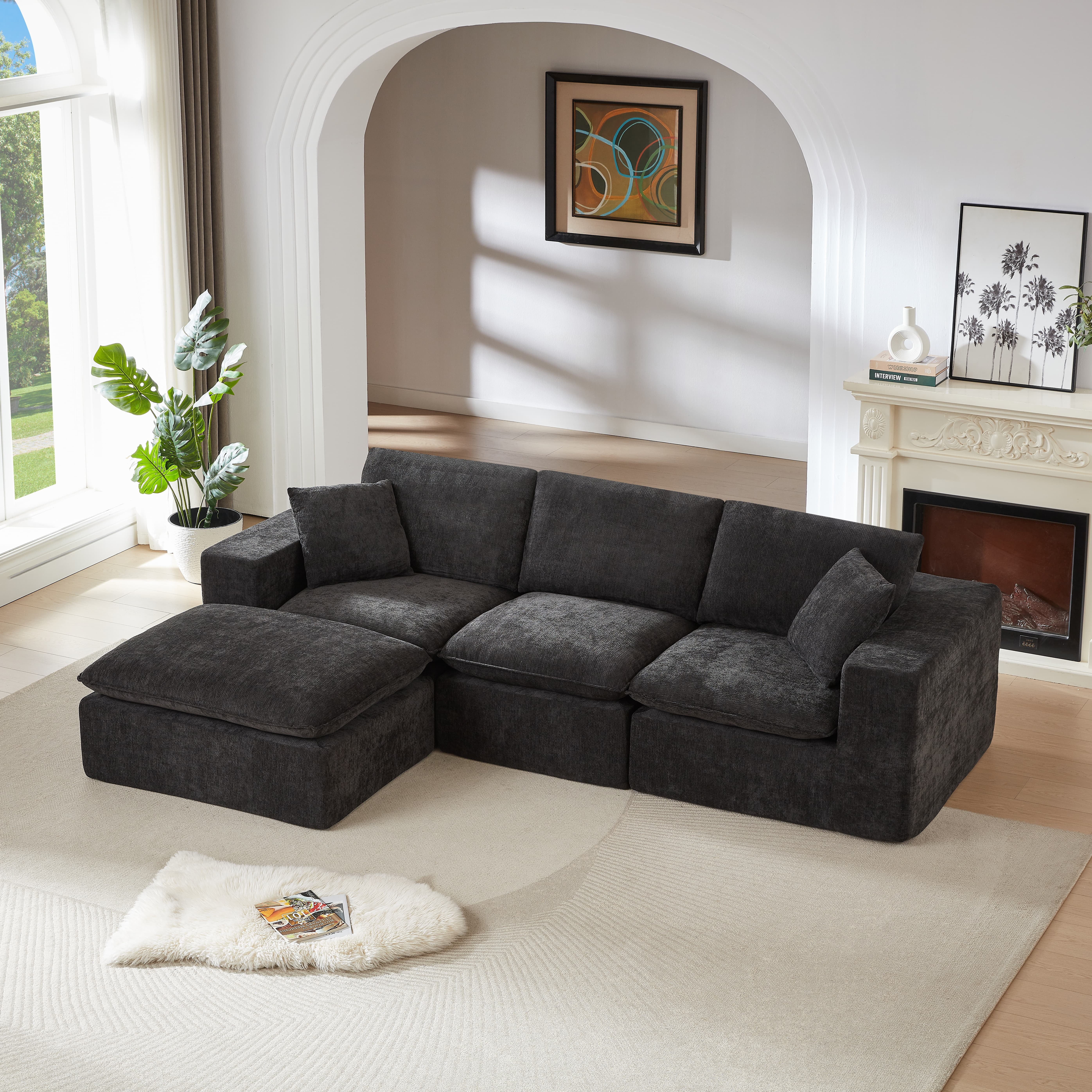 MAYEERTY Modern Modular Chenille Sofa, Black Cloud-Soft Sectional Couch for Living Room