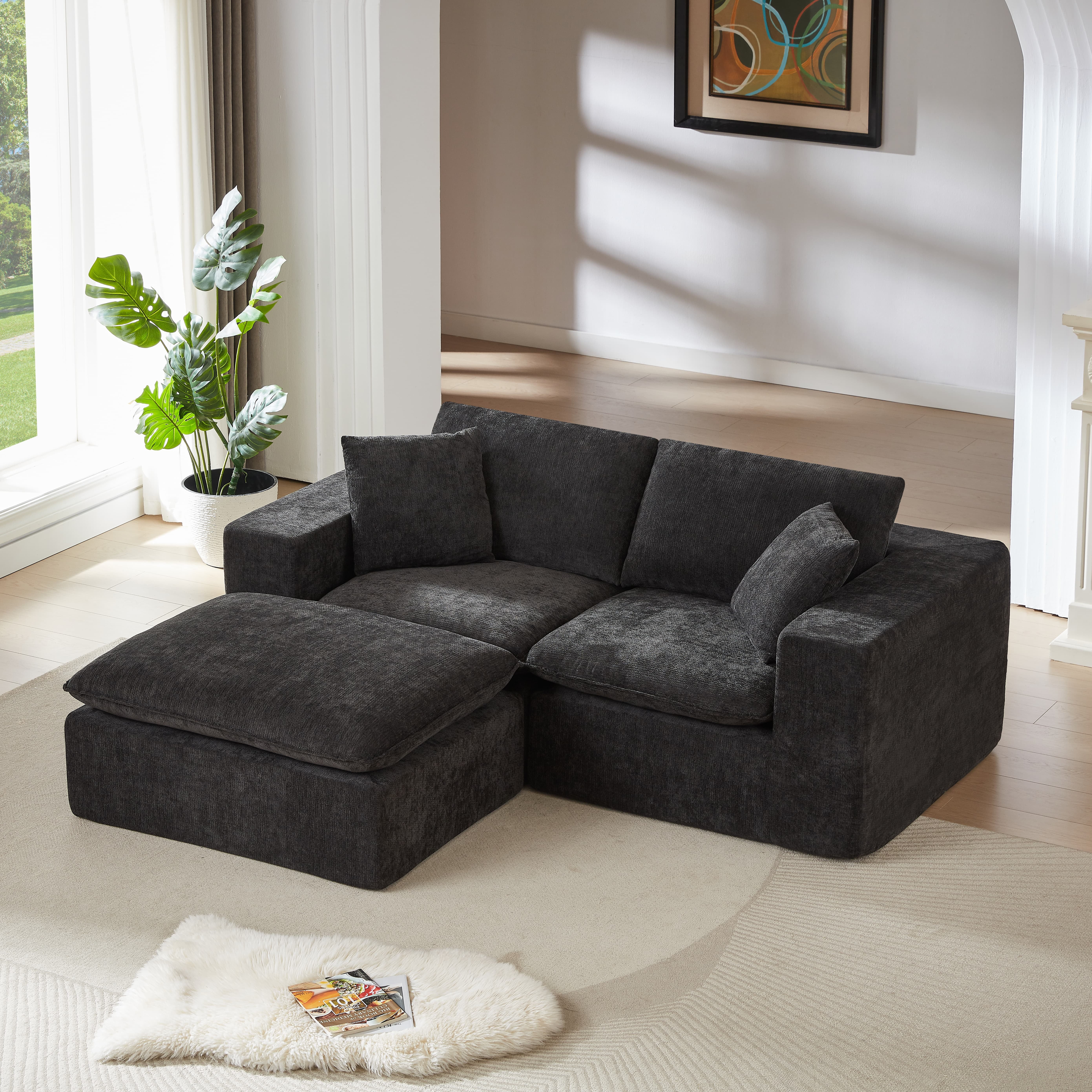 MAYEERTY Modern Modular Chenille Sofa, Black Cloud-Soft Sectional Couch for Living Room