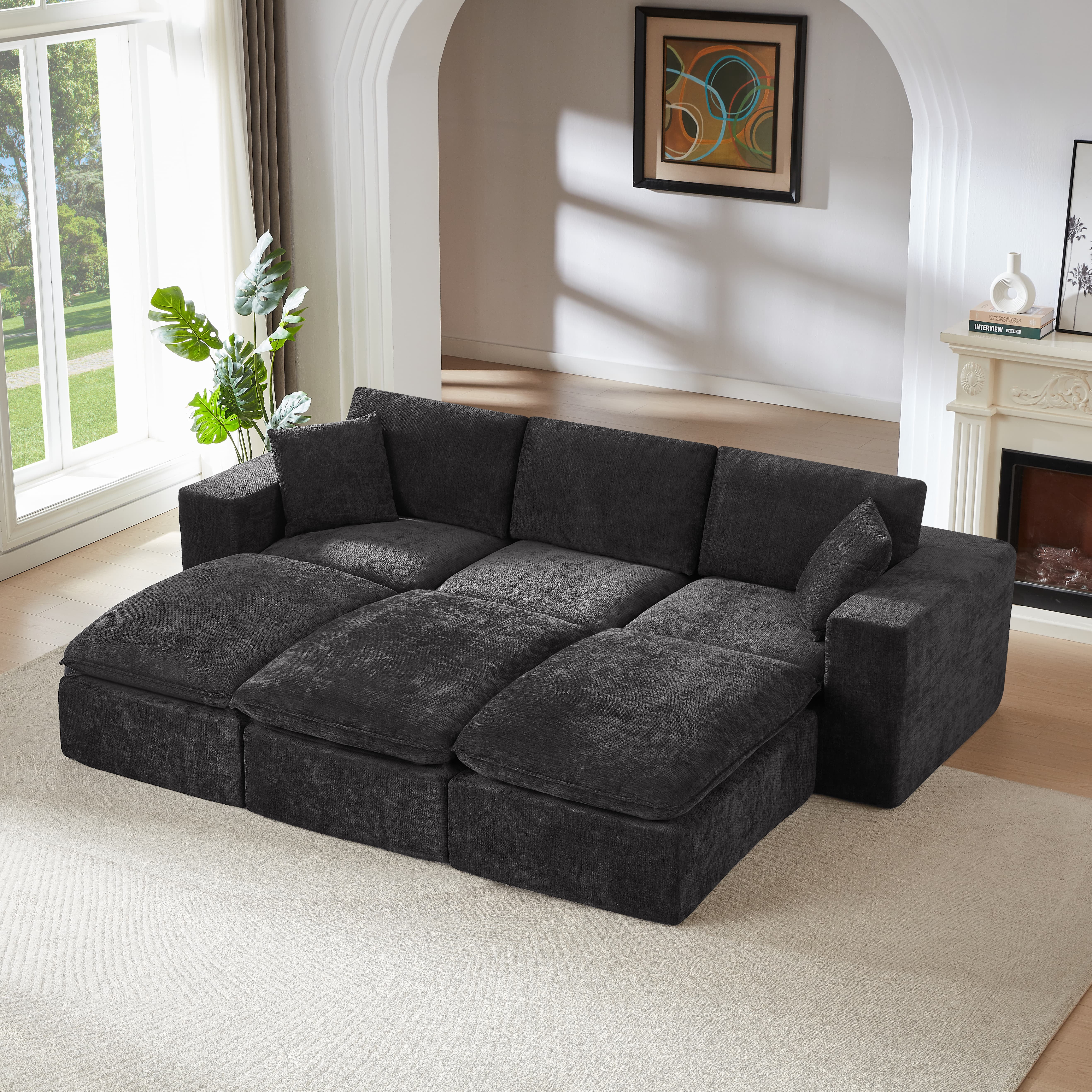 MAYEERTY Modern Modular Chenille Sofa, Black Cloud-Soft Sectional Couch for Living Room