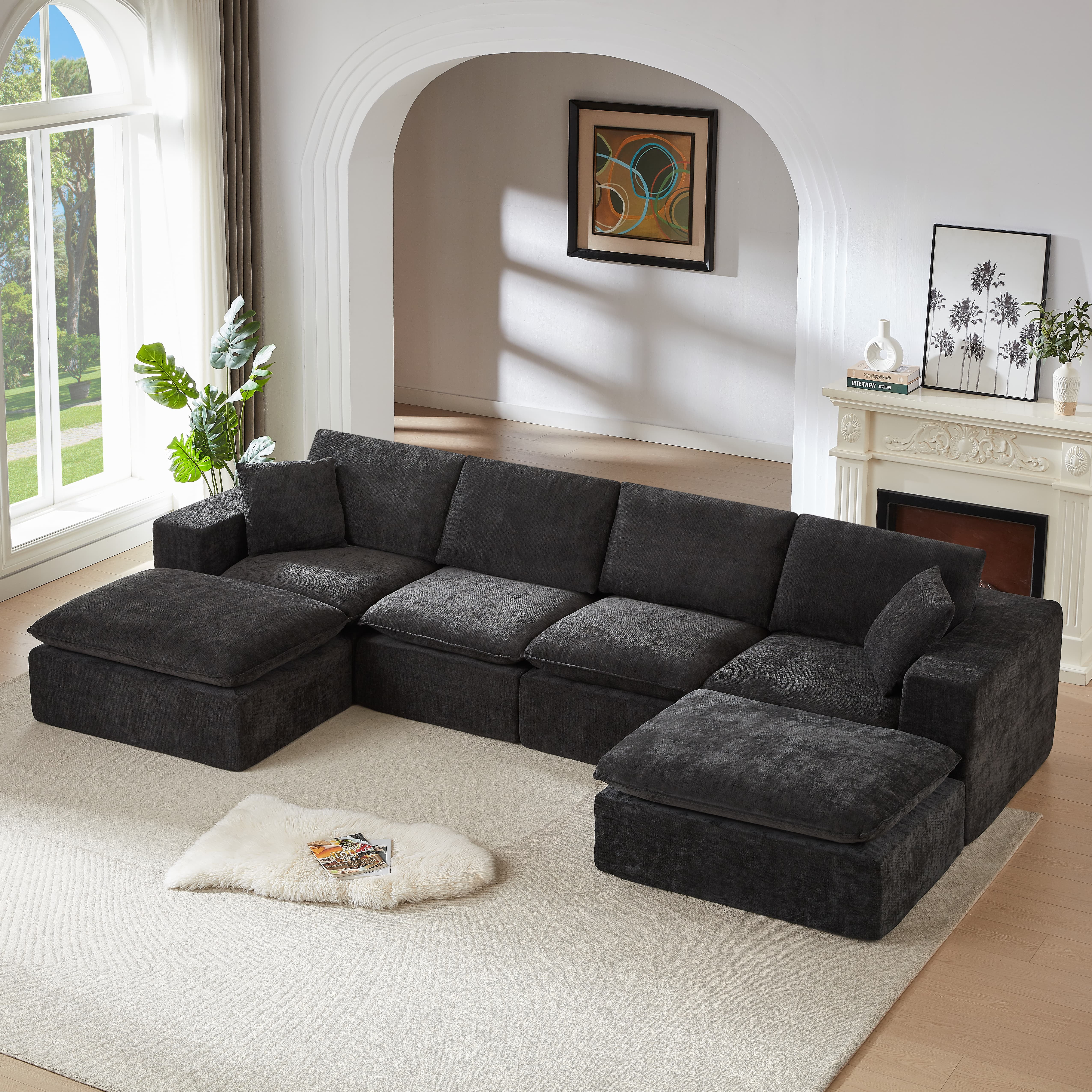 MAYEERTY Modern Modular Chenille Sofa, Black Cloud-Soft Sectional Couch for Living Room