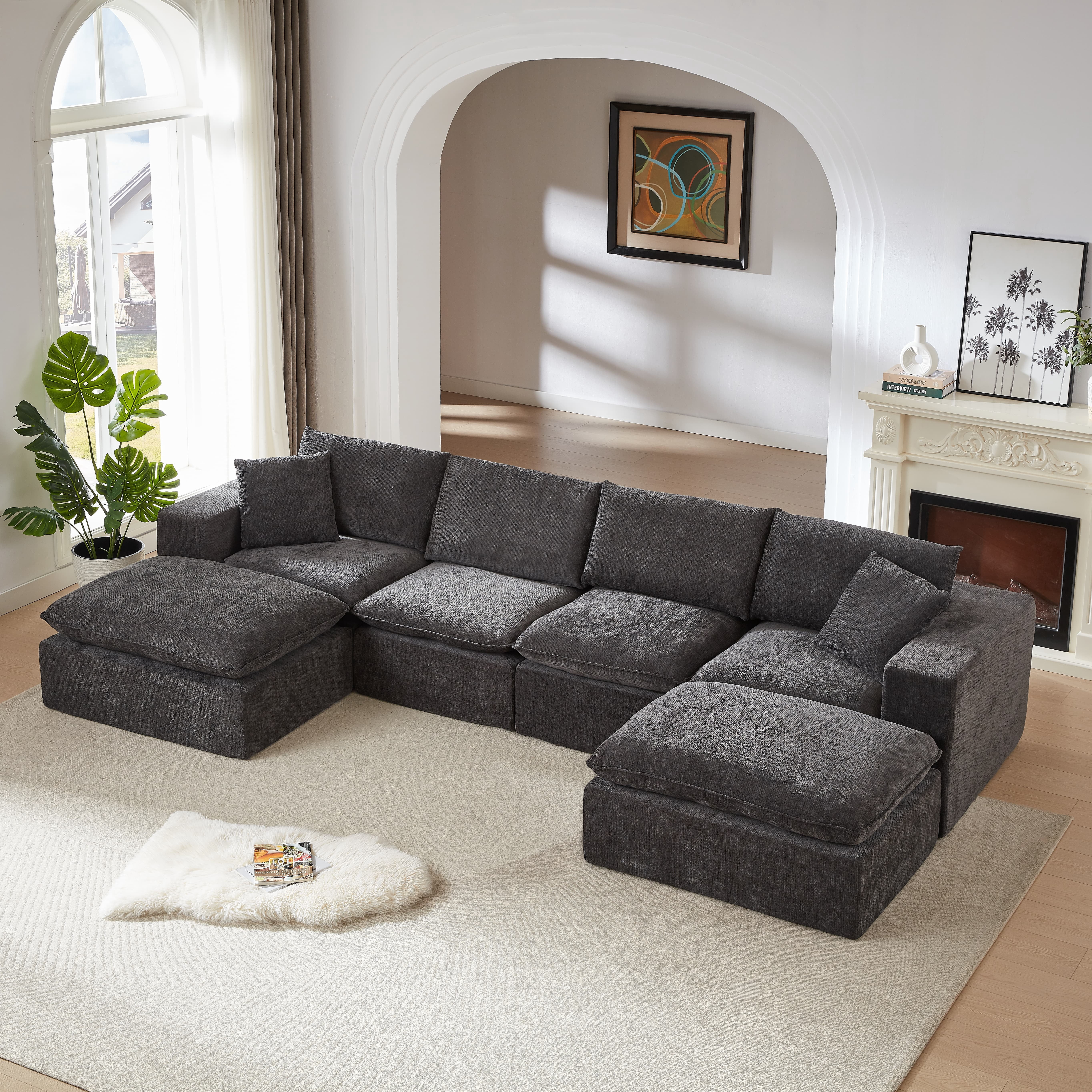 MAYEERTY Modern Modular Chenille Sofa, Dark Gray Cloud-Soft Sectional Couch for Living Room