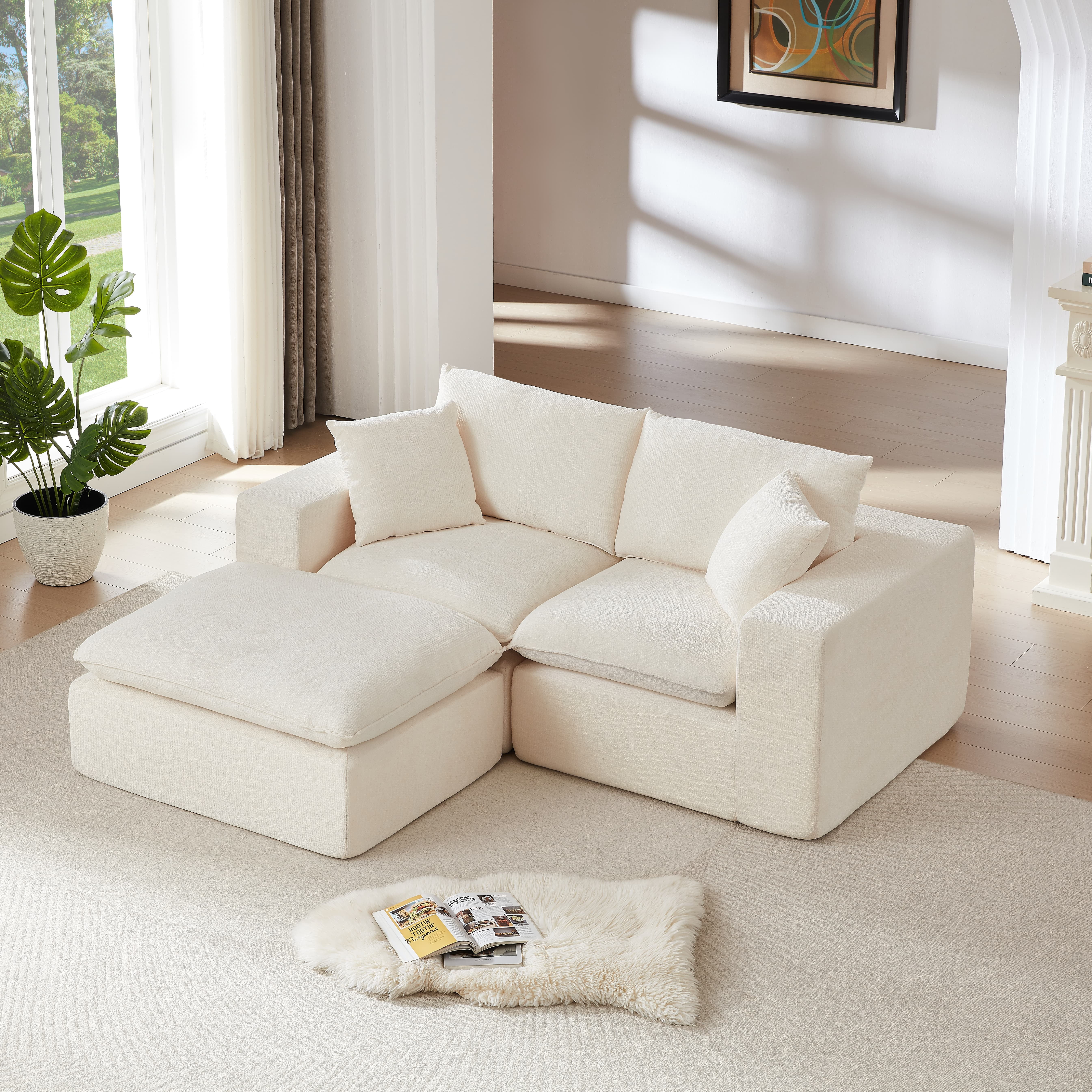 MAYEERTY Modern Modular Chenille Sofa, White Cloud-Soft Sectional Couch for Living Room
