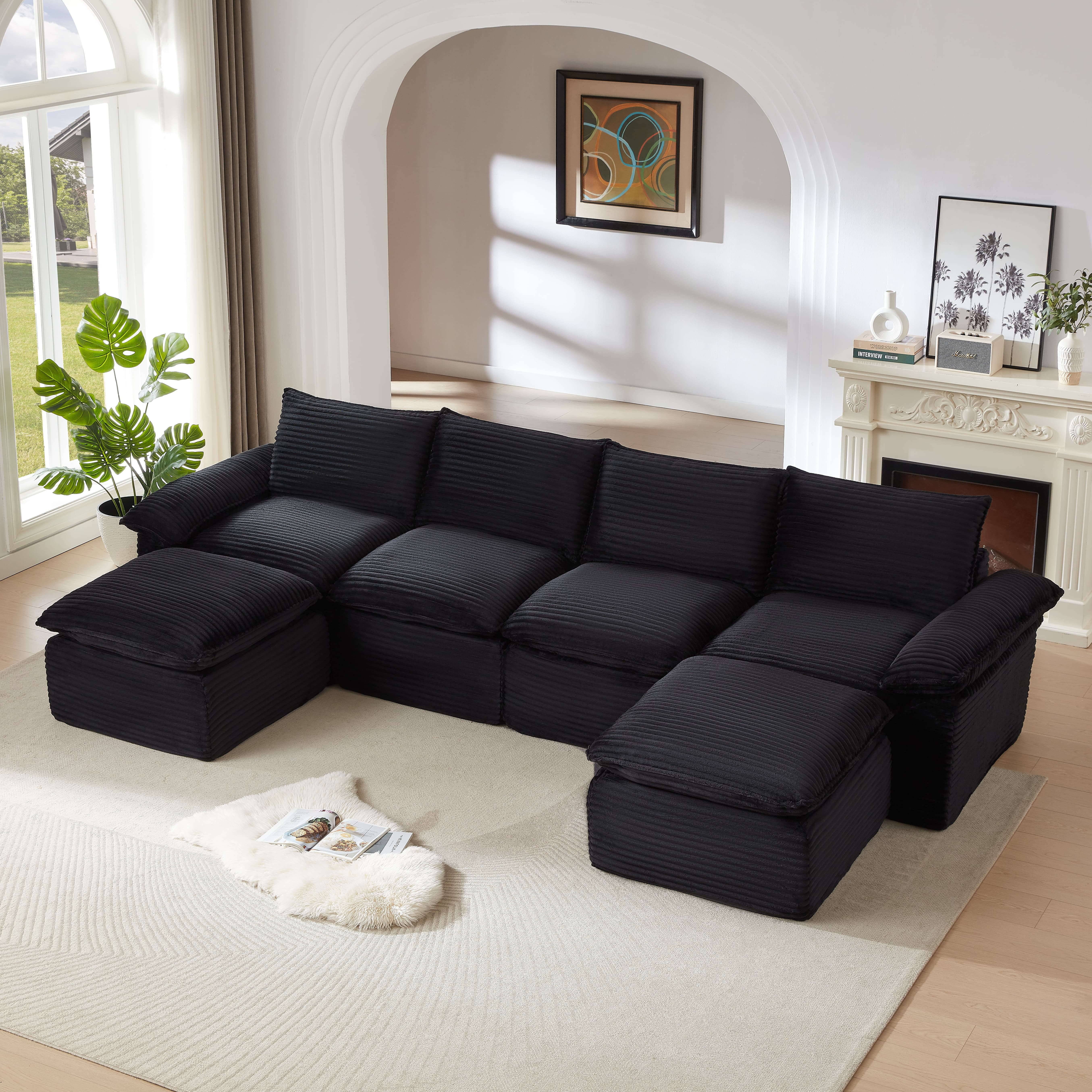 MAYEERTY Modern Modular Corduroy Sofa, Black Cloud-Soft Sectional Couch for Apartment