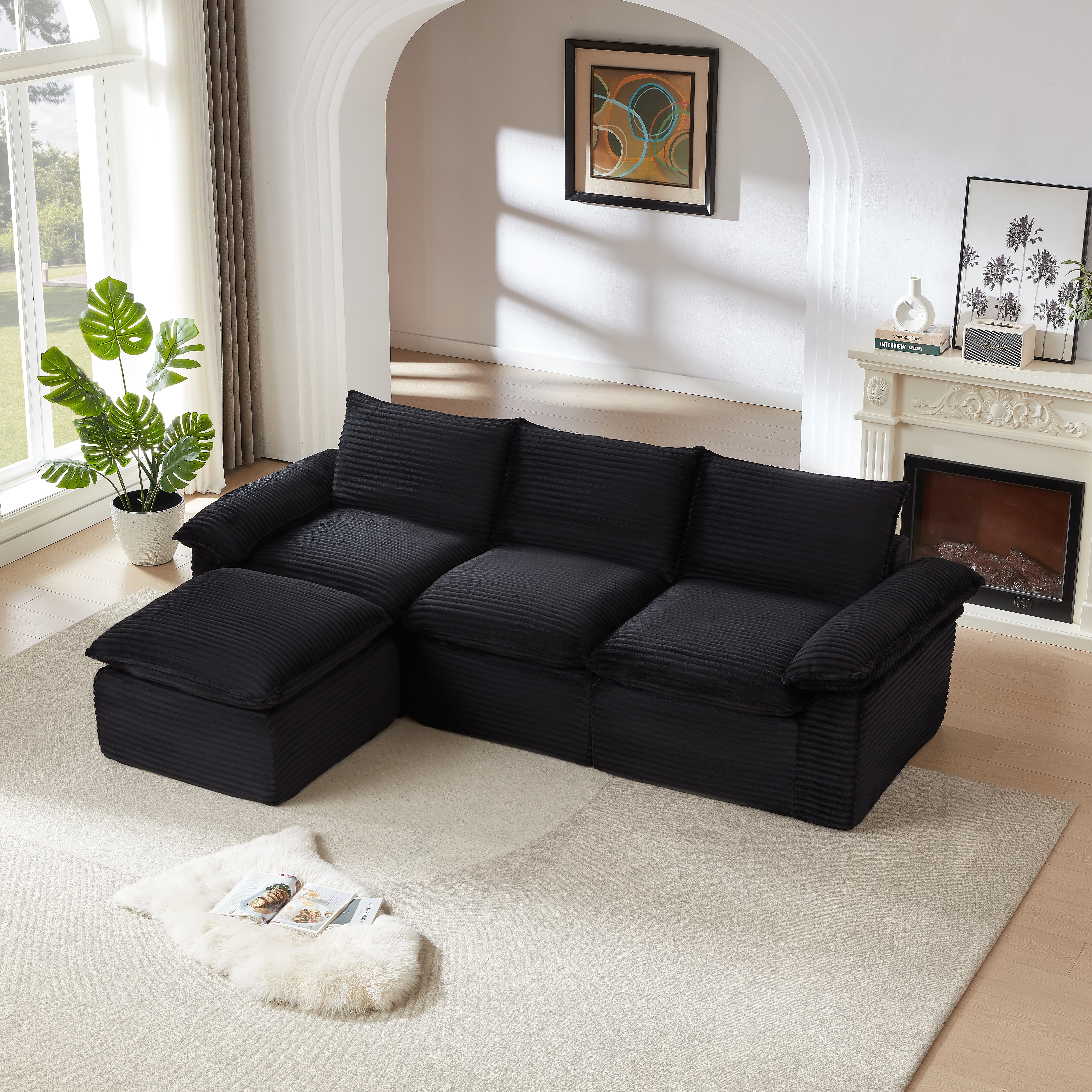 MAYEERTY Modern Modular Corduroy Sofa, Black Cloud-Soft Sectional Couch for Apartment