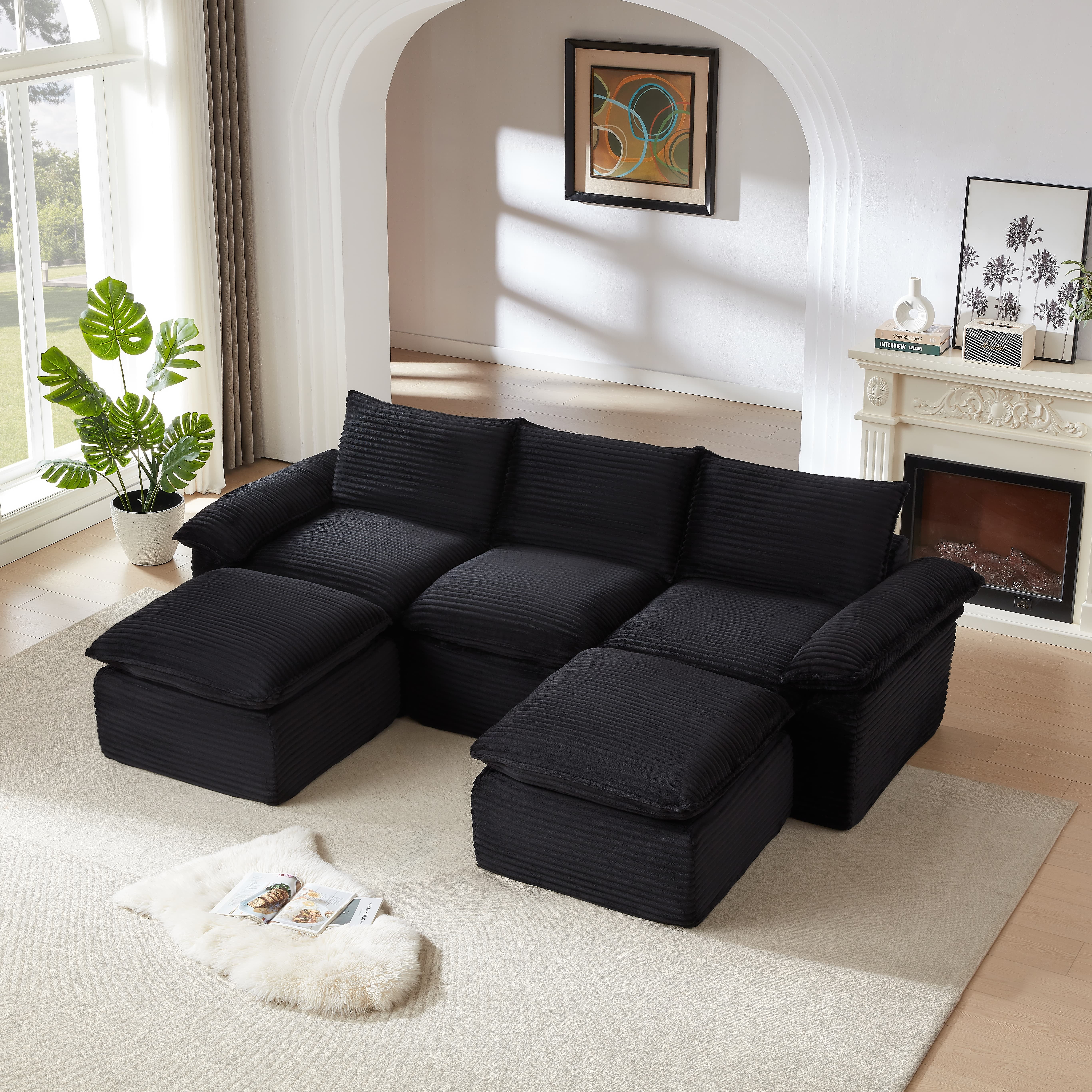 MAYEERTY Modern Modular Corduroy Sofa, Black Cloud-Soft Sectional Couch for Apartment