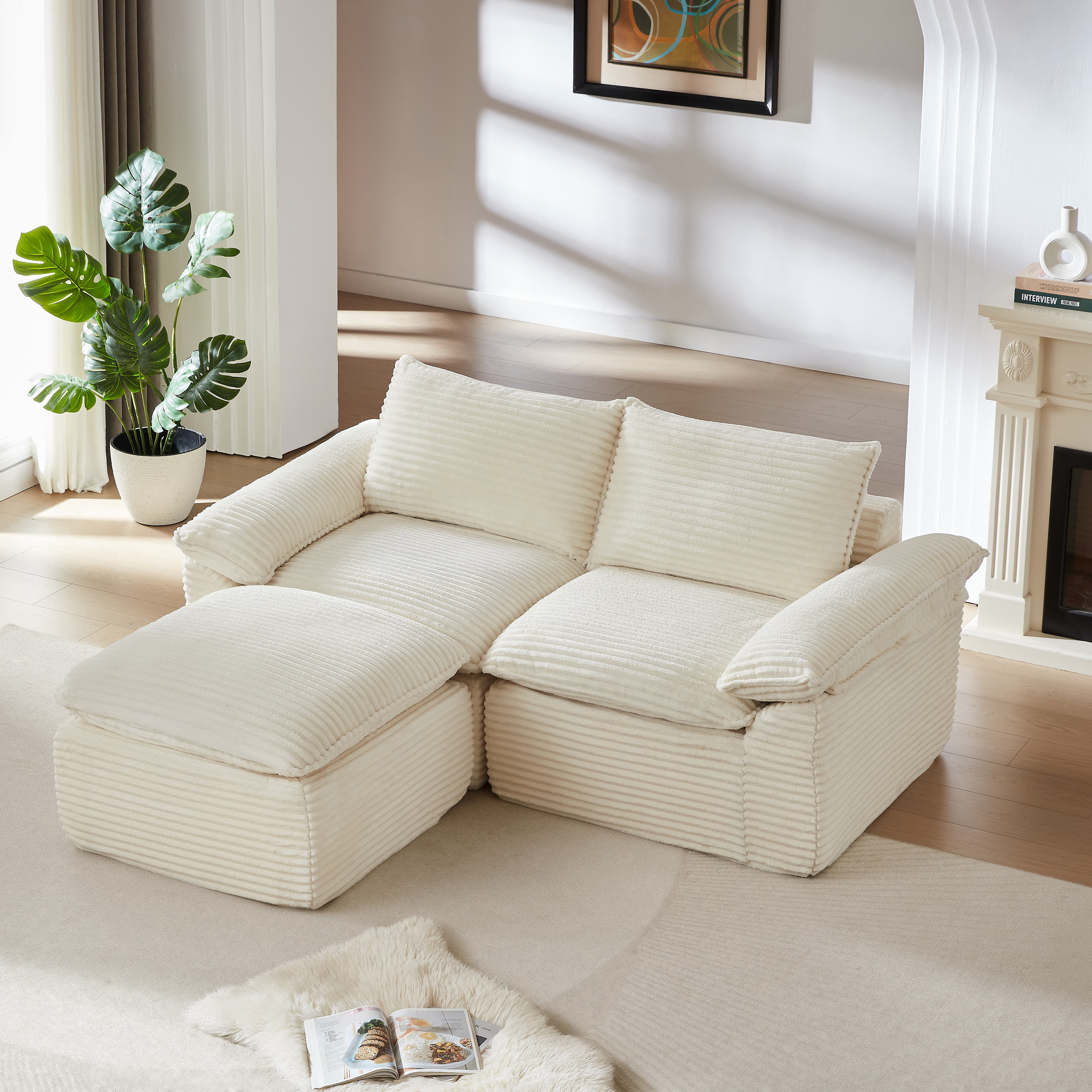 MAYEERTY Modern Modular Corduroy Sofa, White Cloud-Soft Sectional Couch for Apartment
