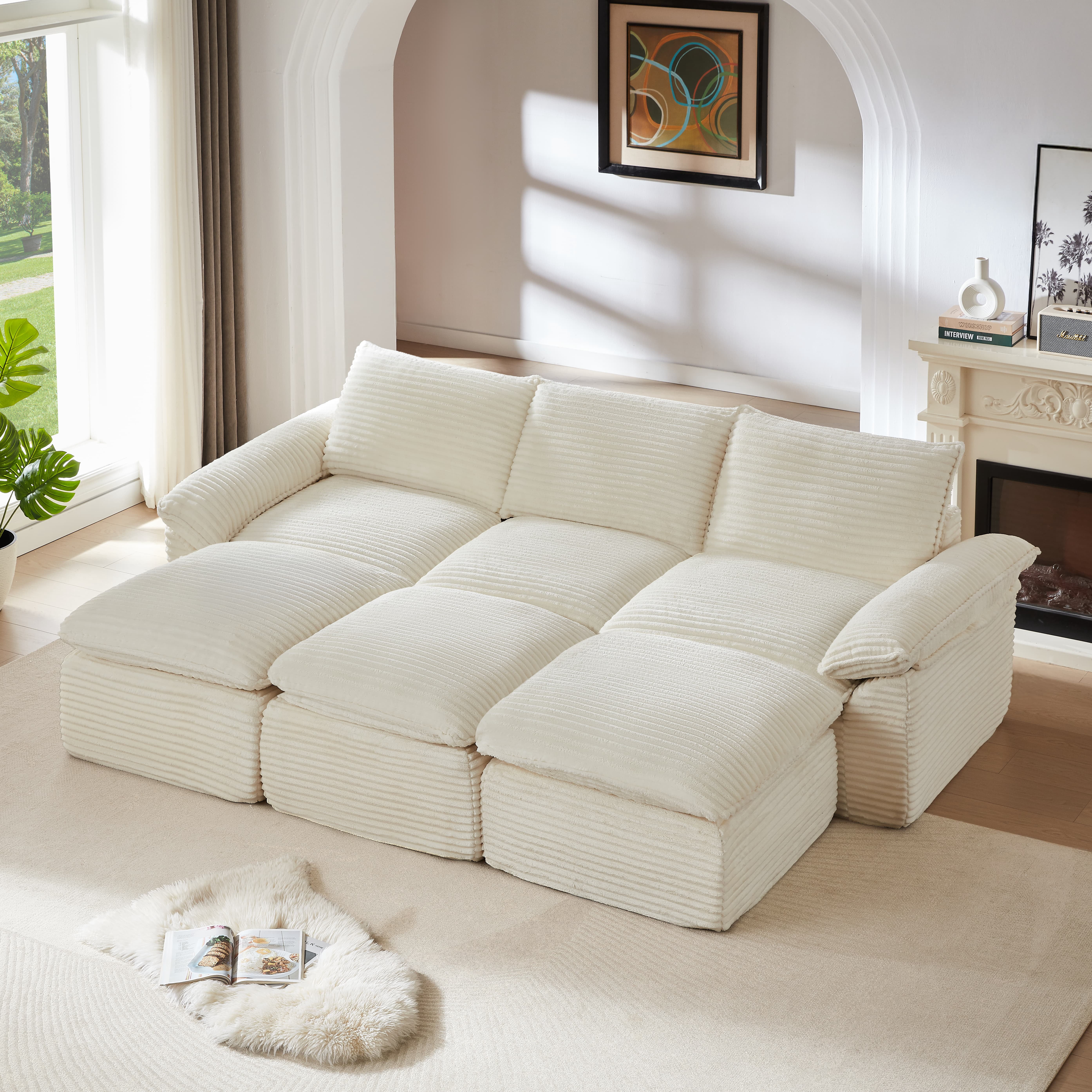 MAYEERTY Modern Modular Corduroy Sofa, White Cloud-Soft Sectional Couch ...
