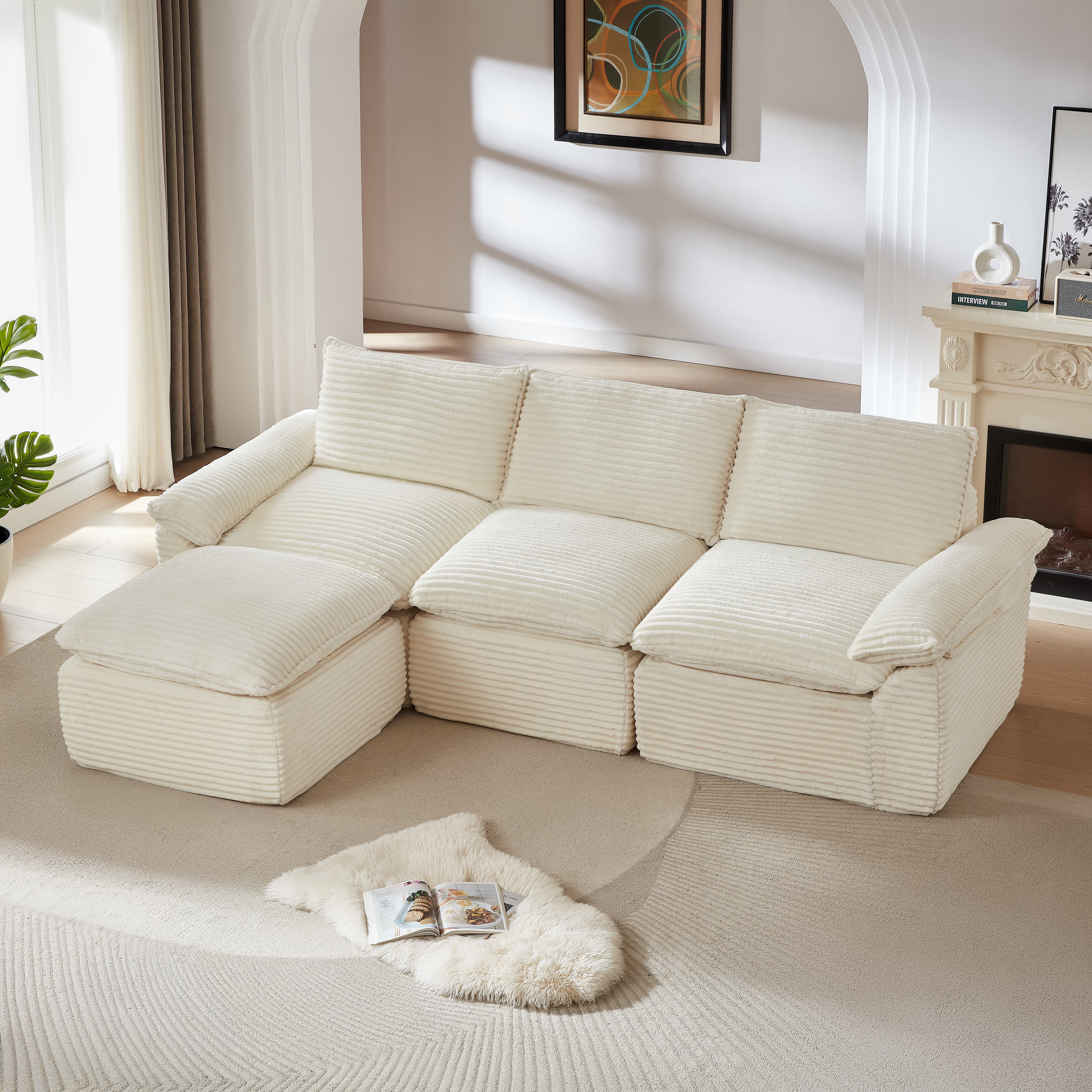 MAYEERTY Modern Modular Corduroy Sofa, White Cloud-Soft Sectional Couch for Apartment