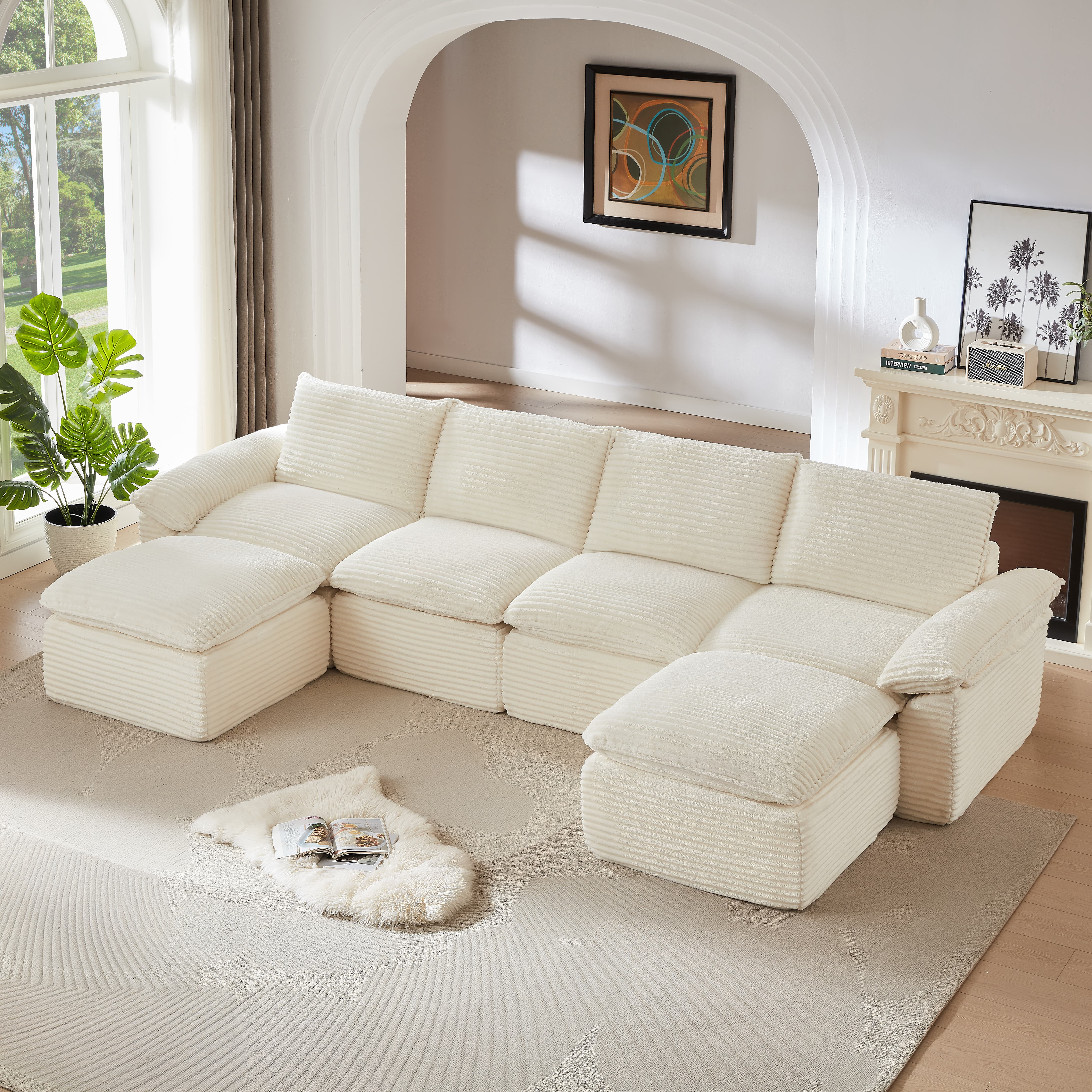 MAYEERTY Modern Modular Corduroy Sofa, White Cloud-Soft Sectional Couch for Apartment