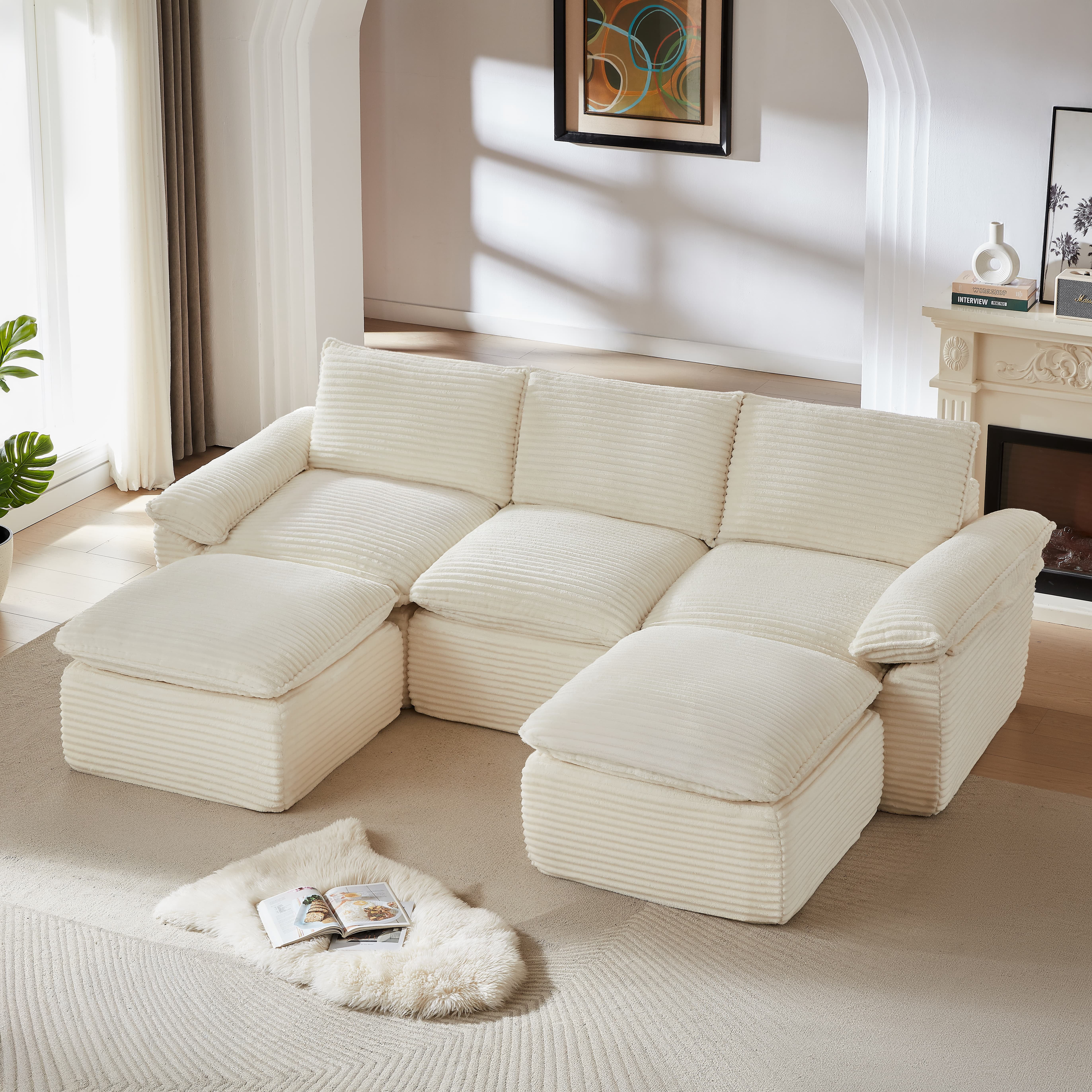 MAYEERTY Modern Modular Corduroy Sofa, White Cloud-Soft Sectional Couch for Apartment