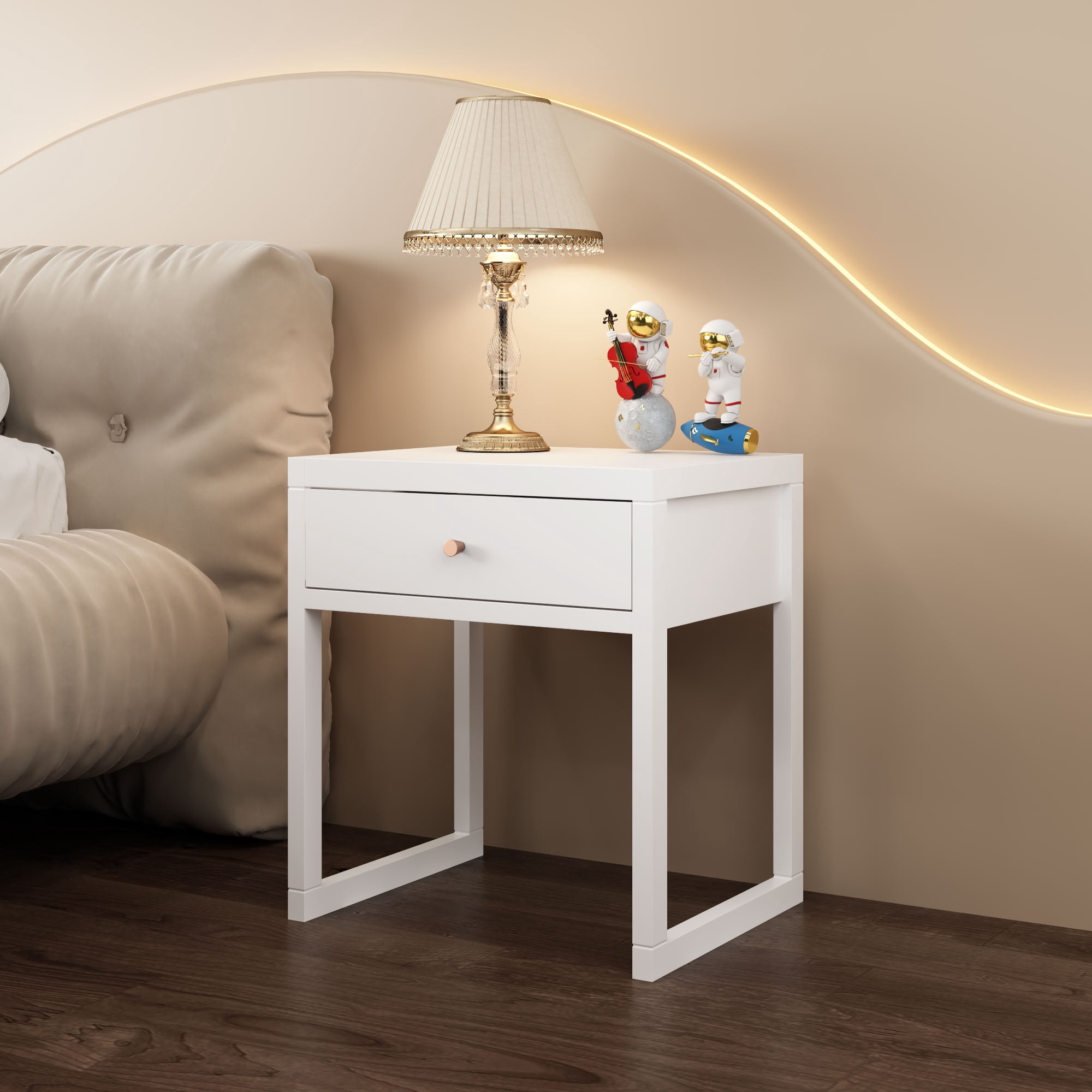 MAYEERTY Modern Nightstand with Drawer, Compact Bedside End Table with Wood Knob & Open Frame Base, for Bedroom Apartment Living Room Small Spaces, White