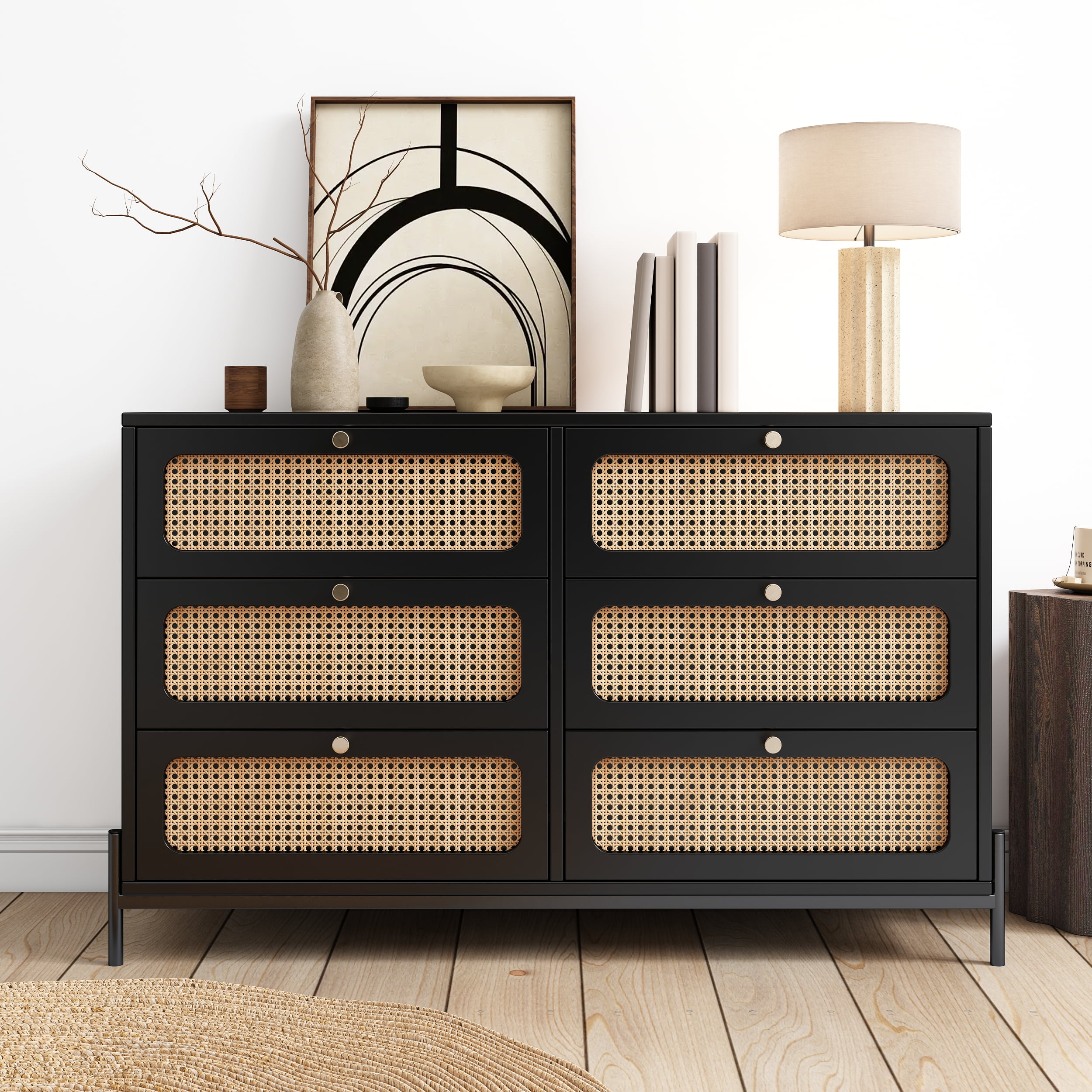 MAYEERTY Modern Rattan Wood 6-Drawer Dresser with Storage Cabinet, Black for Bedroom, Living Room, Entryway