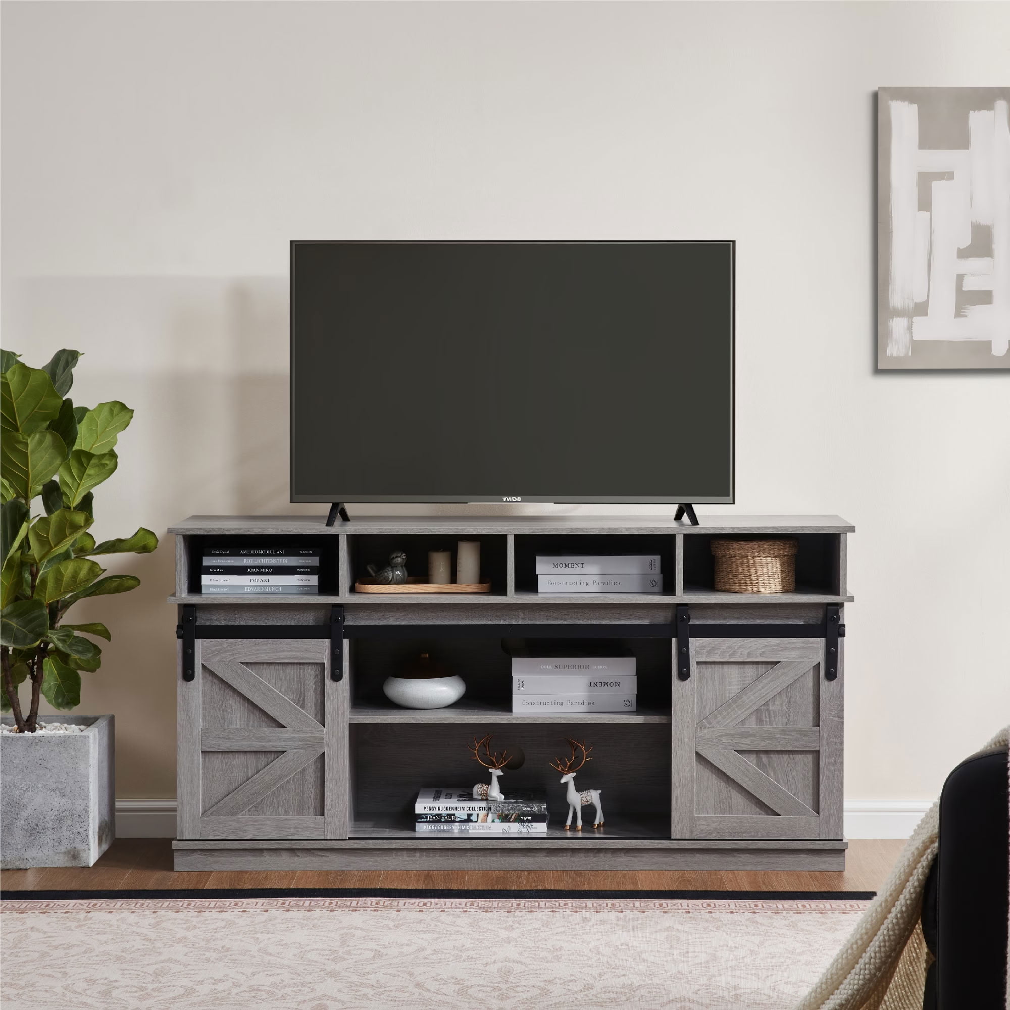 MAYEERTY Modern TV Stand with Sliding Barn Door, Farmhouse Wood Storage Cabinet with Adjustable Shelves for TVs Up to 65", Grey