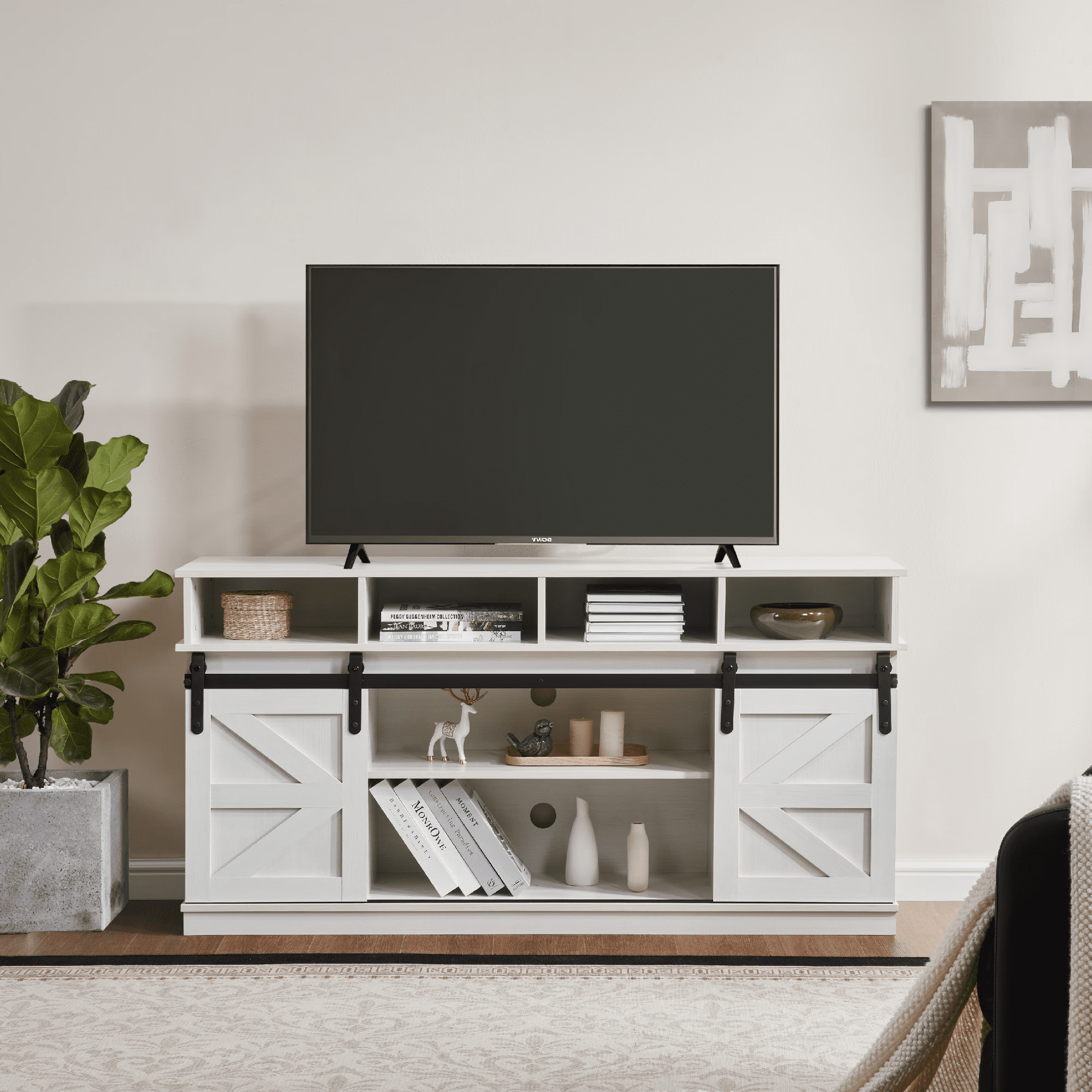 MAYEERTY Modern TV Stand with Sliding Barn Door, Farmhouse Wood Storage Cabinet with Adjustable Shelves for TVs Up to 65", White