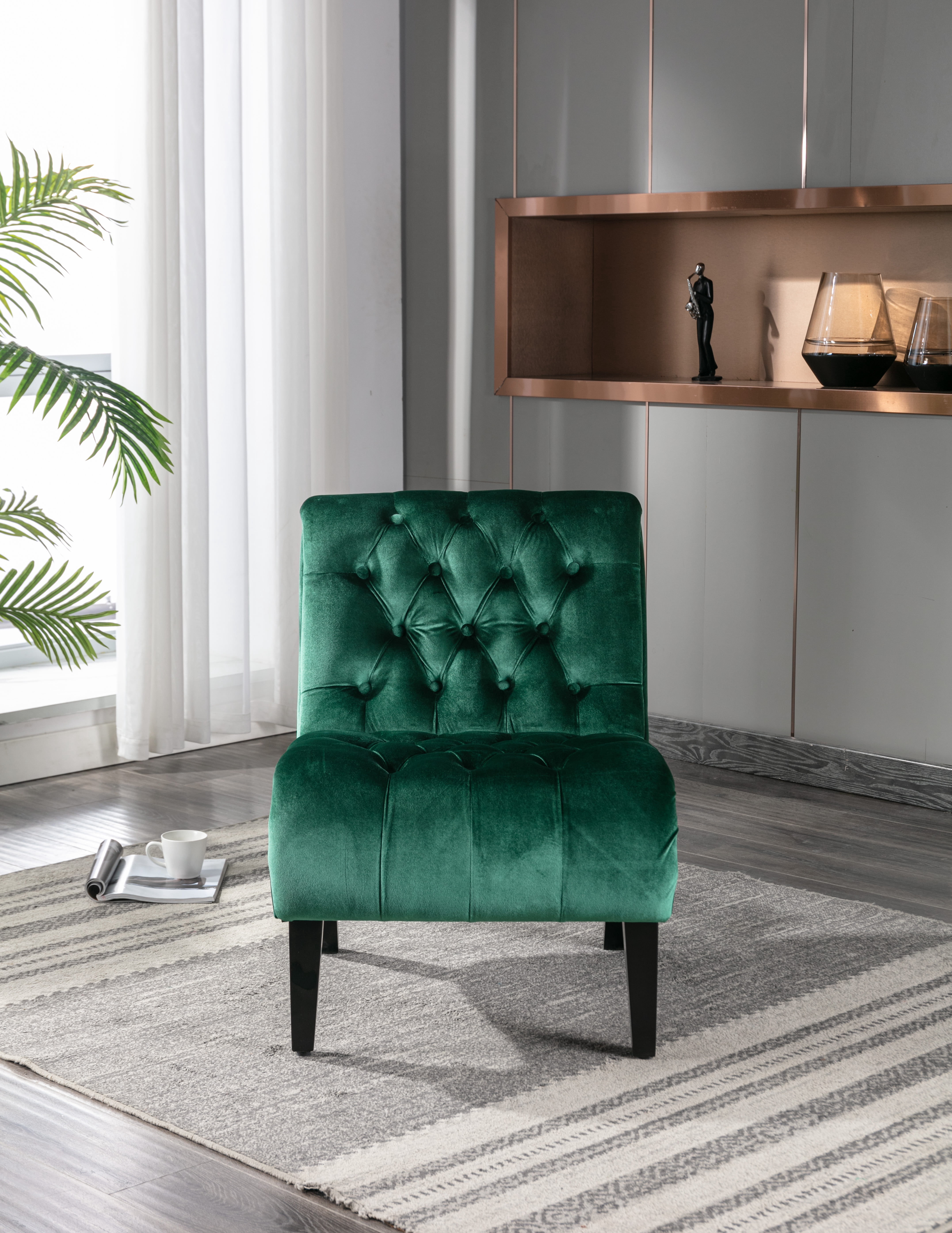 MAYEERTY Modern Velvet Armless Accent Living Room Chair / Leisure Chair,Upholstered Fabric Button Comfortable Chair with Wooden Legs for Bedroom, Living Room, Office，Green Velvet)