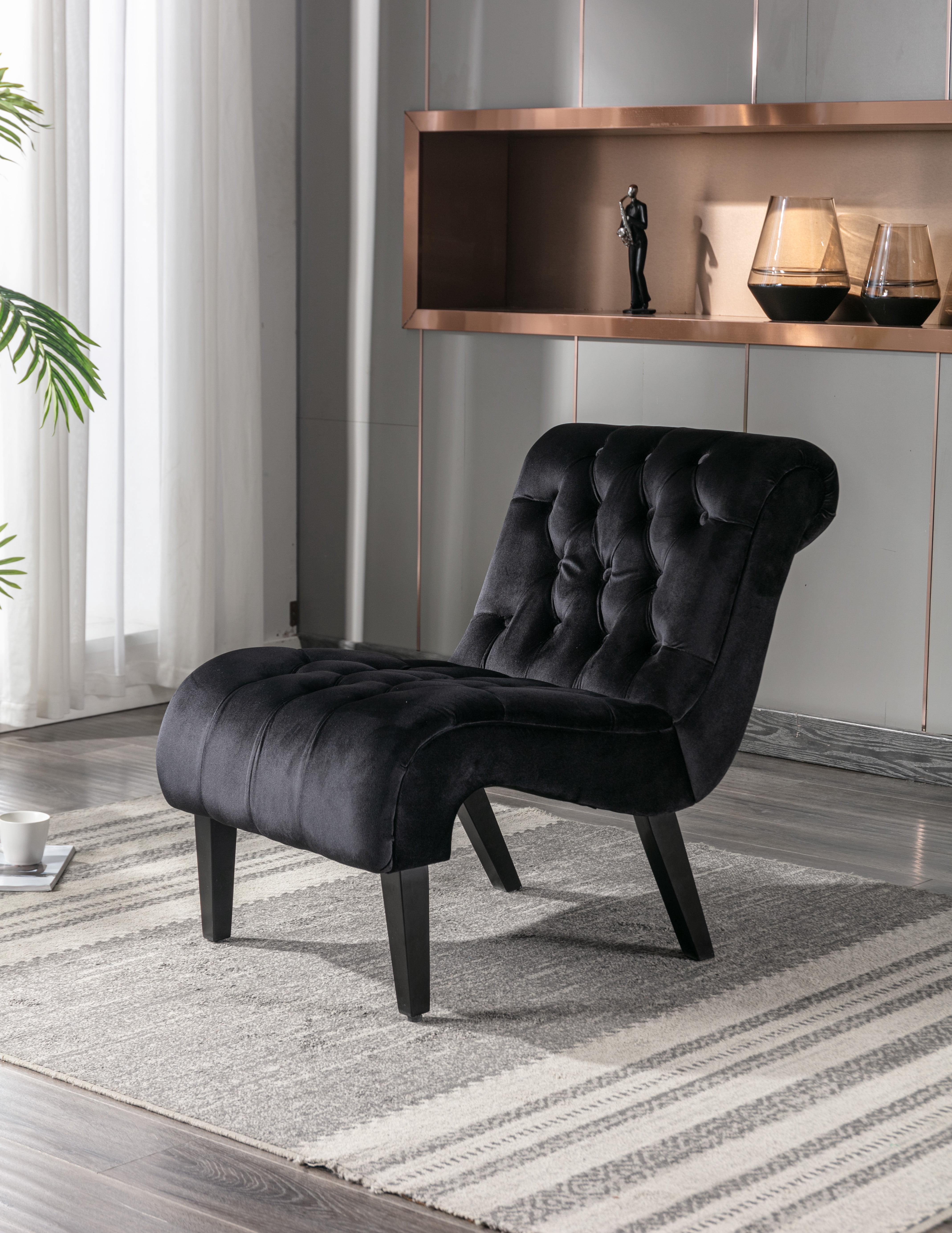MAYEERTY Modern Velvet Armless Accent Living Room Leisure Chair,Upholstered Fabric Button Comfortable Chair with Wooden Legs for BedroomOffice，Black Velvet