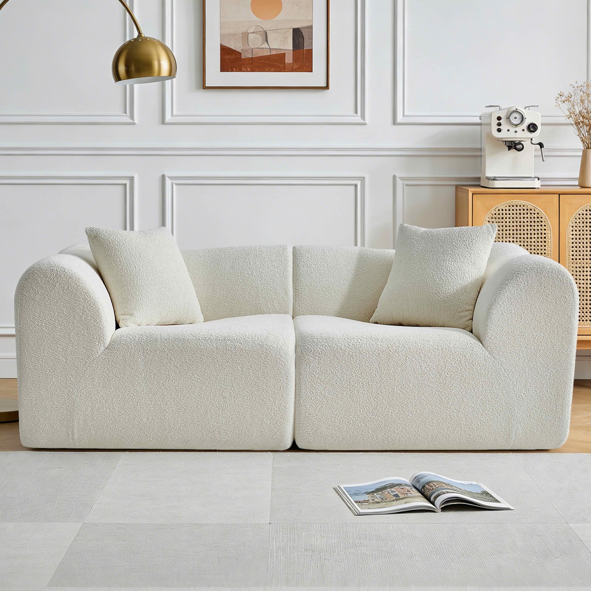 MAYEERTY Modern Velvet Loveseat Sofa with Throw Pillows Compact Space-Saving Couch