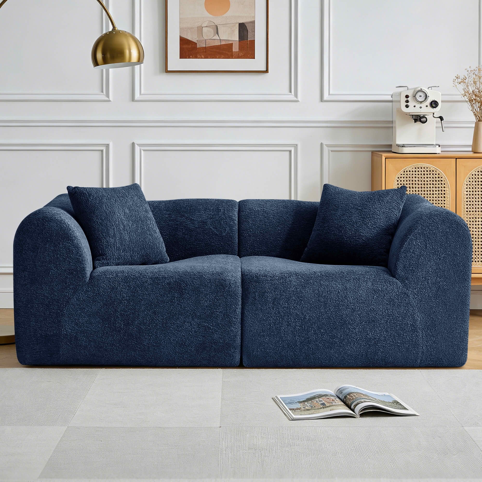 MAYEERTY Modern Velvet Loveseat Sofa with Throw Pillows Compact Space-Saving Couch