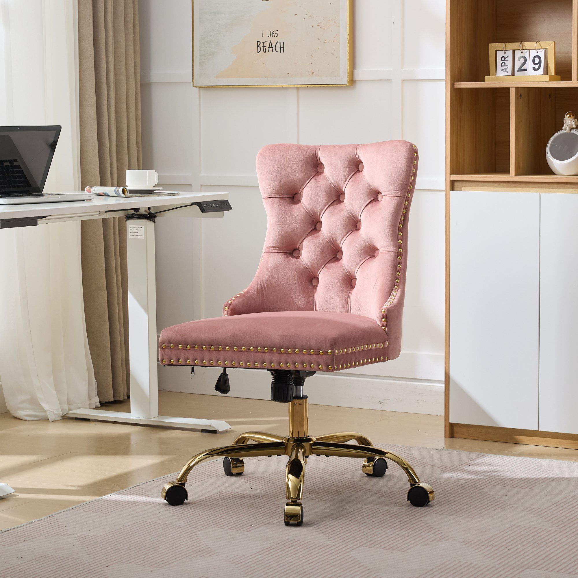 MAYEERTY Modern Velvet Office Chair - Tufted Buttons, Golden Metal Base, Adjustable Swivel, Pink