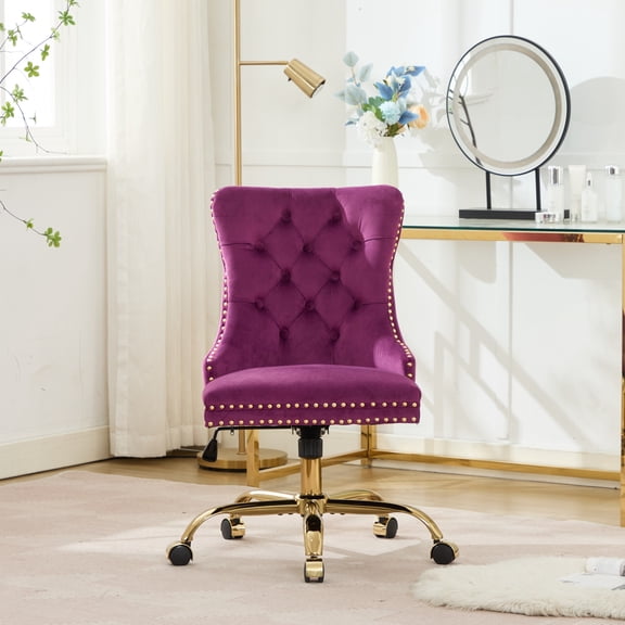 MAYEERTY Modern Velvet Office Chair - Tufted Buttons, Golden Metal Base, Adjustable Swivel, Purple