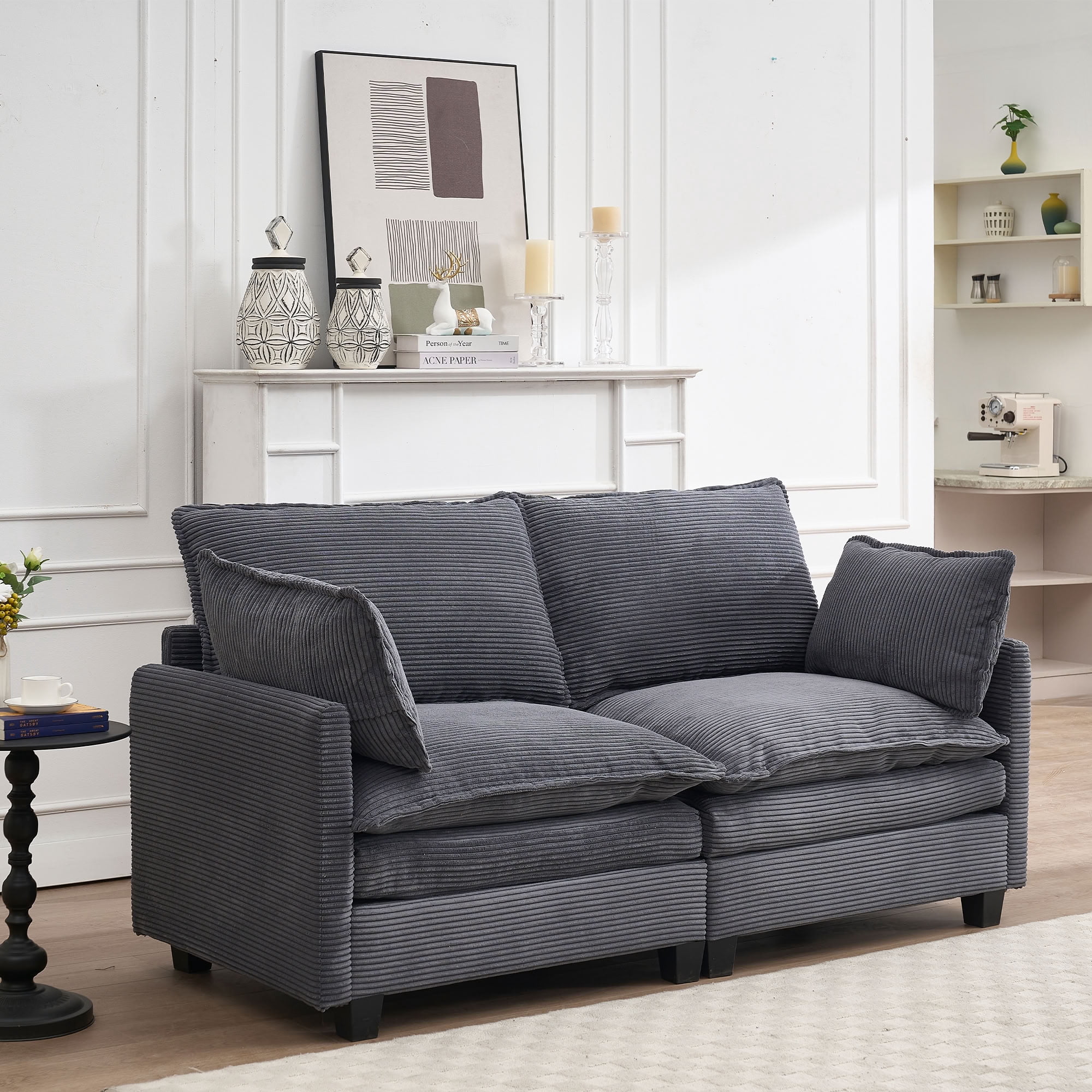 MAYEERTY Modular 2-Seater Loveseat Sofa, Corduroy Deep Seat Couch with 2 Lumbar Pillows, for Living Room Apartment Small Space