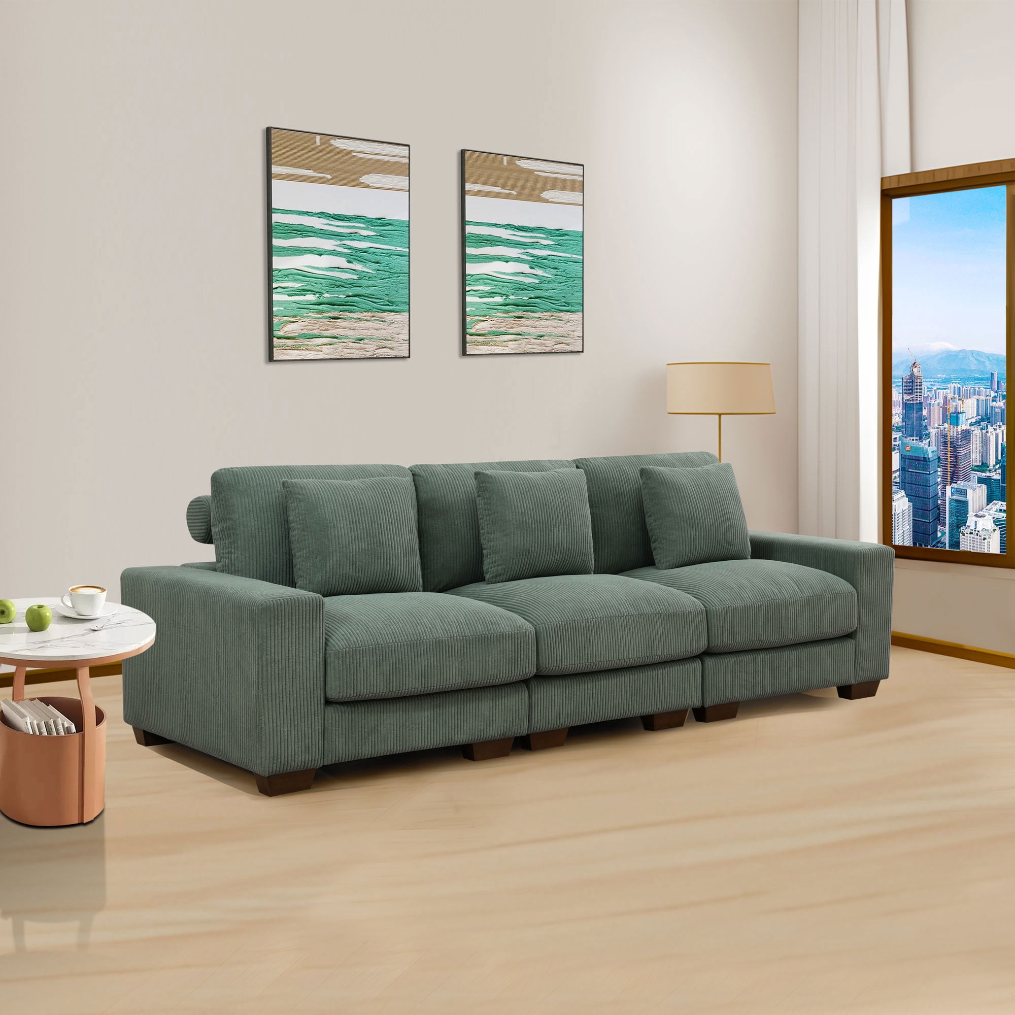 MAYEERTY Modular 3-Seater Sofa, Flocking Fabric Couch with Anti-Insect Solid Wood Frame, Green Living Room Furniture