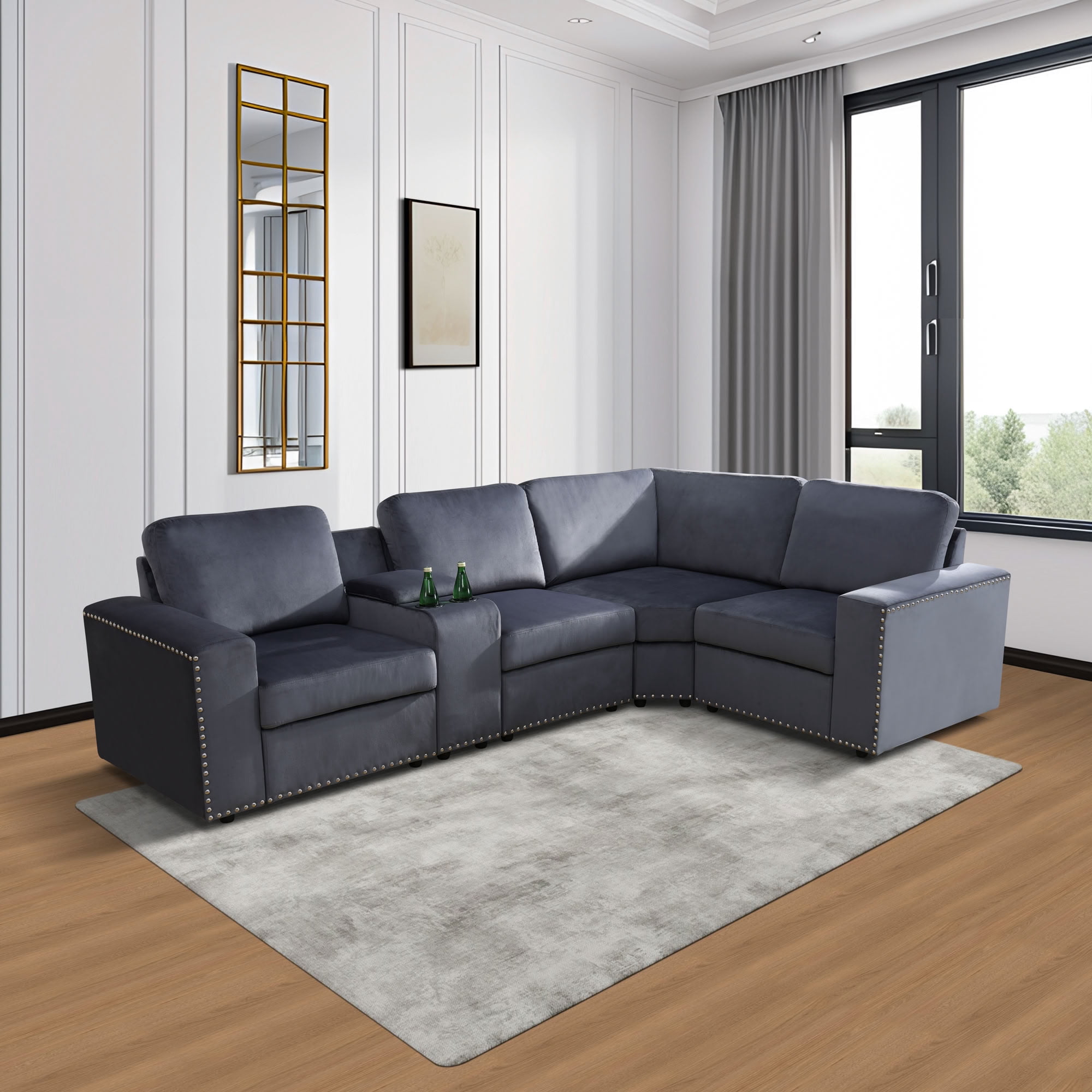 MAYEERTY Modular Corner Sofa, Flocking Fabric Couch with Console & Cup Holders, Dark Grey