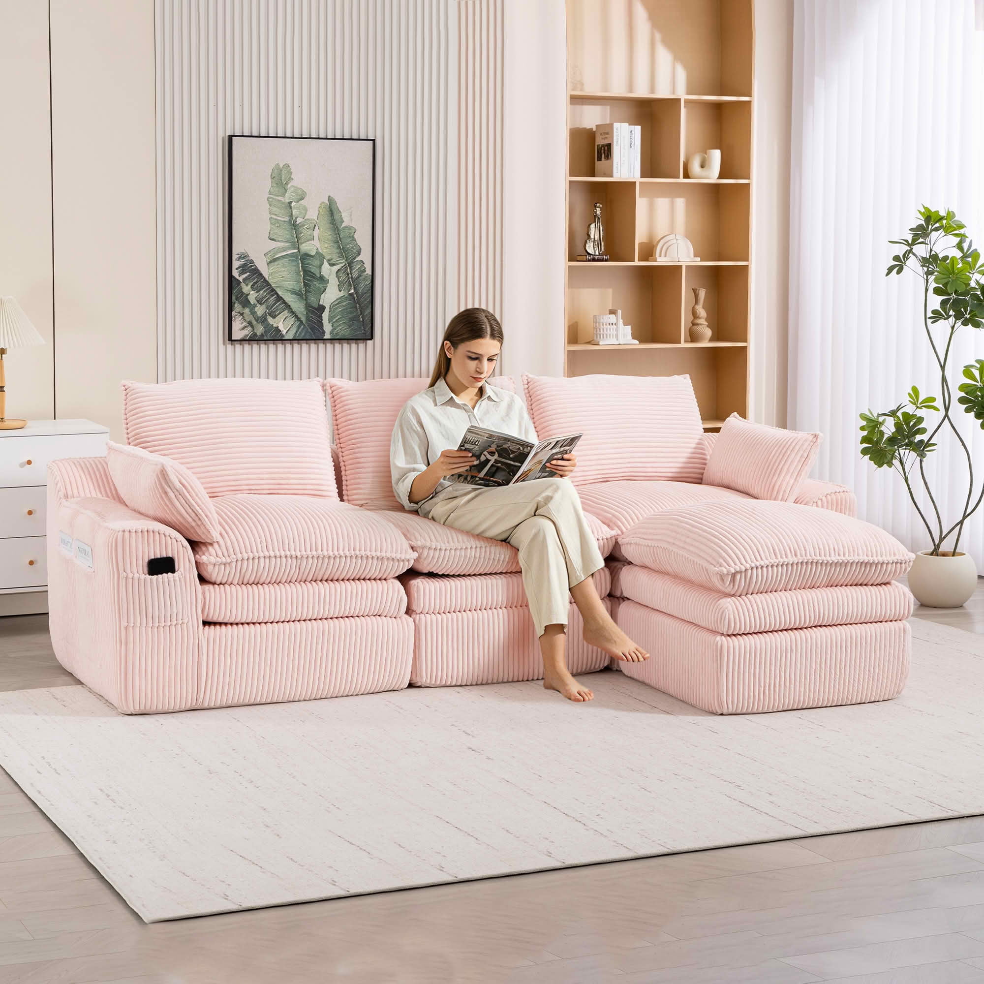 MAYEERTY Modular L Shape Corduroy Sectional Sofa, Compressed Boneless Cloud Couch with Footstool & Pillows for Small Living Space